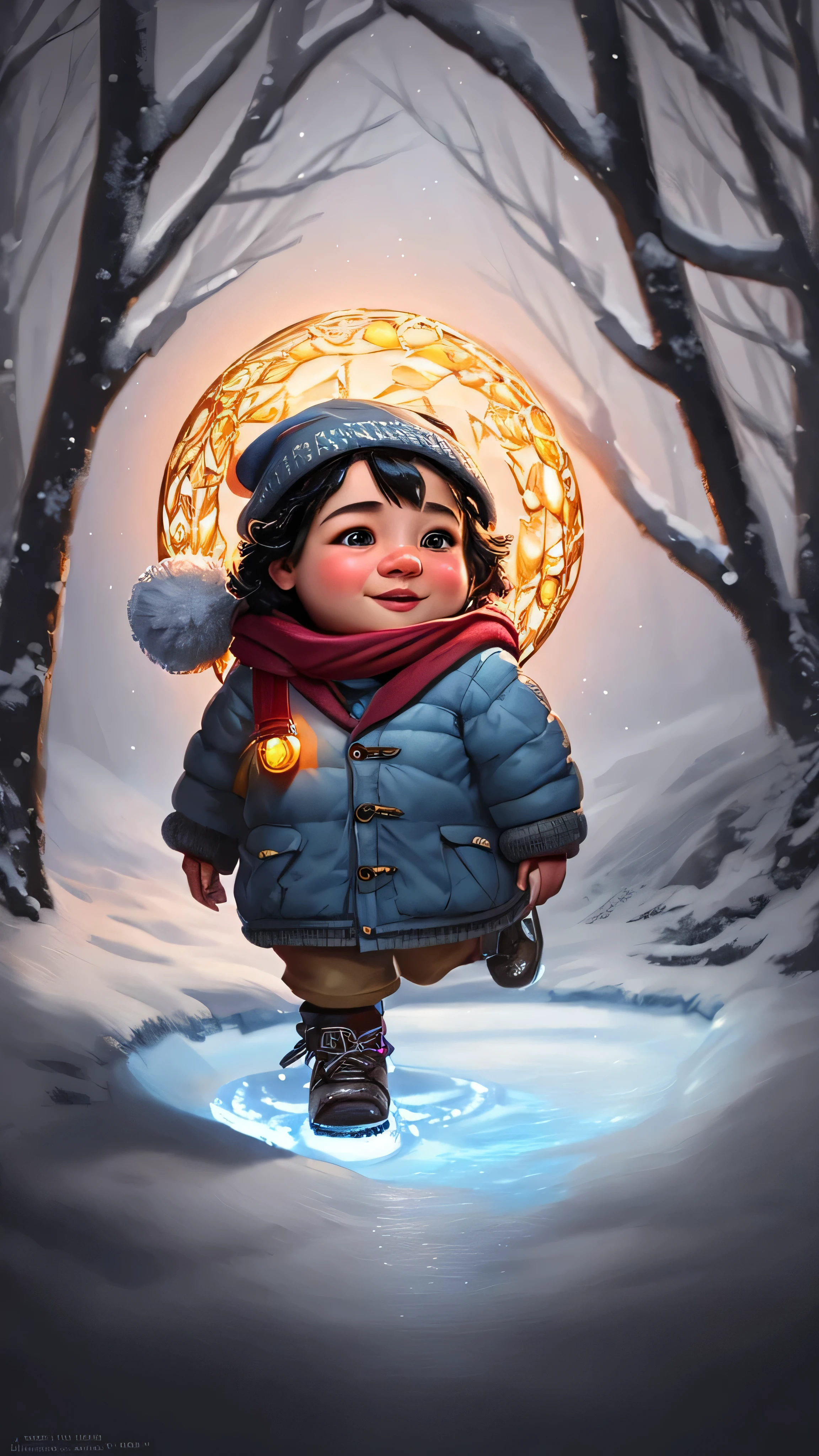 gnome, , baby, , teen, short stature, shortstack, black hair, big blue eyes, big ears, bark-colored body skin, cheerful, gliding across a frozen pond, warm oversized jacket, colorful scarf fluttering behind, knitted hat with a pom-pom, tiny ice skates, carve playful loops the ice, lit up with joy, rosy cheeks glowing, crisp winter air, snowy trees, soft golden light, cozy magical backdrop, (insanely detailed, beautiful detailed face, masterpiece, best quality), cinematic lighting, solo, cowboy shot, front view, looking at viewer, intricate, high detail, sharp focus, dramatic, photorealistic painting art by greg rutkowski