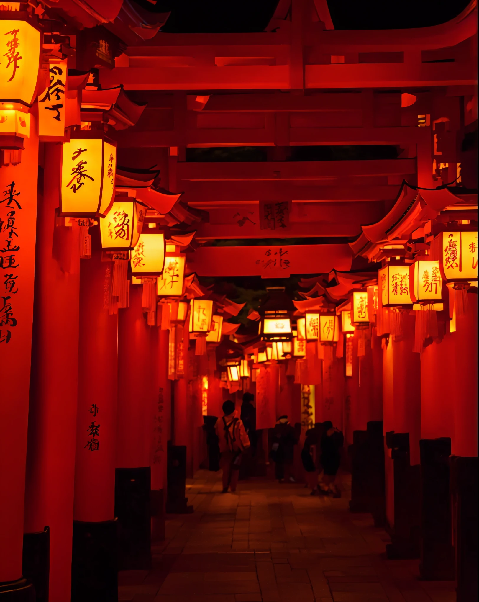 Walkway with arafe with lanterns and Chinese characters written on the wall, Paintings inspired by Kiyomoto Torii,  shutterstock, Ukiyo-e, Inari Shrine, in a Japanese town at night,  Red Lantern ,  Streetlights are shining , Streetlights are shining ,  An evil spirit wanders around with a lantern ,  Central Torii , Tokyo Night, Japan.  VOLUMETRIC LIGHTING 