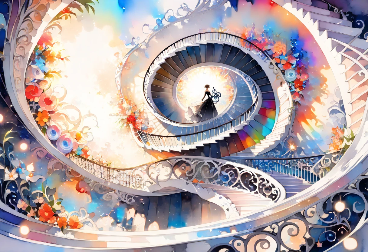 (((An elaborate watercolor painting depicting a beautiful black-and-white spiral staircase leading from paradise))),(((Soul Love ))),(( top quality ,masterpiece:1.5)),(( sacred)),((Dazzling light)),( Large Coloured Photons :1.5),( pearl white ),(Perfect Anatomy),( Ultra High Quality ),( detailed background),(Artwork),(Great harmony ),(The 々 creatures you depict are beautiful),Desaturated:1.1, Rich Color Palette ,Beautiful and fantastic lighting, anime style,truth,joy,thank you,comfortable,fair,Elegance,Polite , true strength , full of vitality ,altruism,Beautiful,clean, soft,Here and now , Forget Time ,Unadorned ,fun,continuation