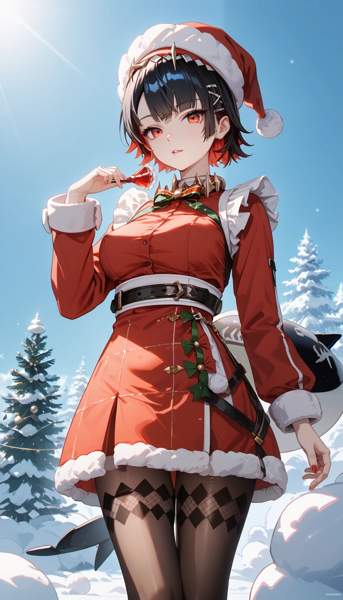 masterpiece， high-resolution ，Anime Art，Anime Numbers， 4k anime wallpaper，Soft Light， radiant skin， unique ，An anime girl，Standing， black hair，Gradient short hair ，Red Christmas dress ， black pantyhose， red eyes ，Big breasts，thigh，Shark Tail， solid color background