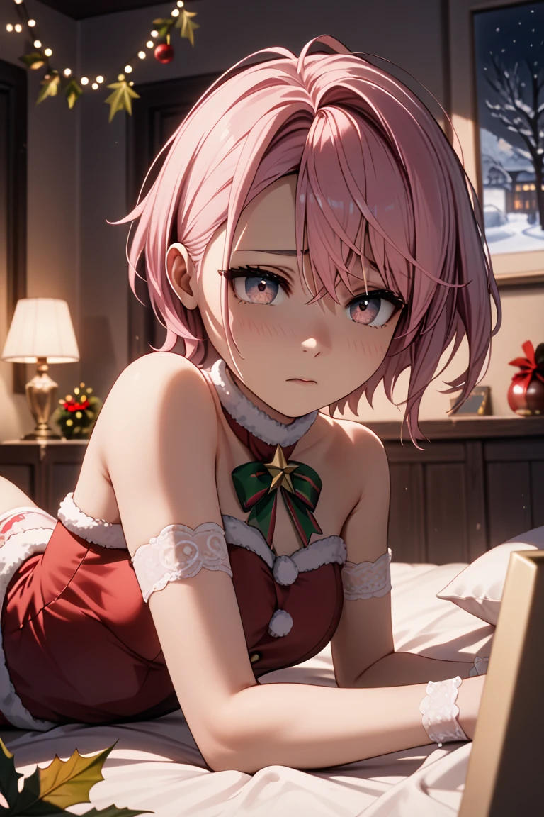 ((Masterpiece, Best Picture Quality, High Quality, Ultra High Quality, Depth of Field, 4K, High Definition)), Acrobatic Pose, Dynamic Composition, One Beautiful Girl, Aira Shiratori, (Asymmetrical short hair with bangs in upper left), Leaves, Stupid hair, Pink hair, Pink eyes, Warm room , Christmas decor, Holy Night, Late night, weak light, ((windowless room)), Woman in all lace Santa-like costume, lace garter stockings, lace arm list lying on bed, shy