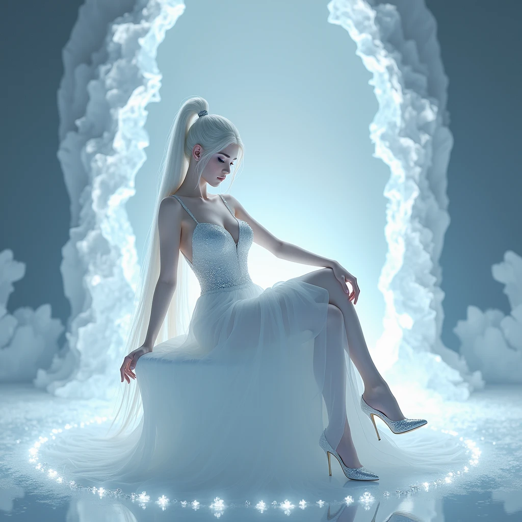 Ariana Grande, beautiful detailed eyes, beautiful detailed lips, extremely detailed eyes and face, long eyelashes, glamorous, white flowing dress, evening gown, angelic, ethereal, cinematic lighting, dramatic lighting, dramatic pose, elegant, serene, peaceful, (best quality,4k,8k,highres,masterpiece:1.2),ultra-detailed,(realistic,photorealistic,photo-realistic:1.37),HDR,UHD,studio lighting,ultra-fine painting,sharp focus,physically-based rendering,extreme detail description,professional,vivid colors,bokeh,portrait