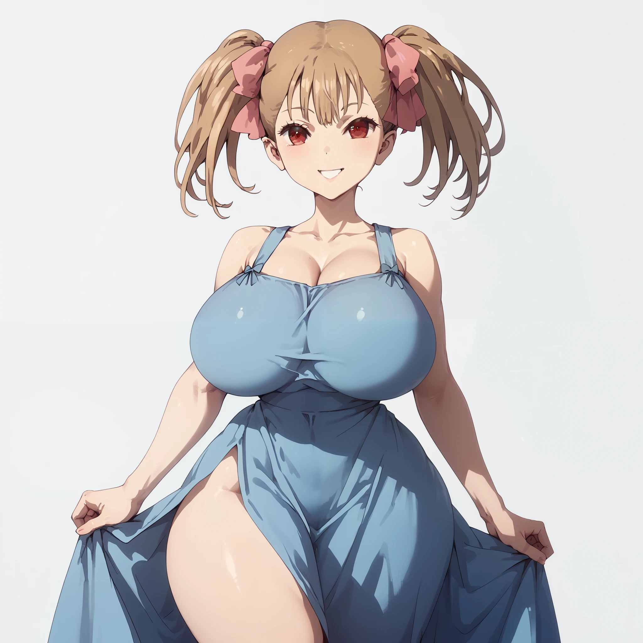 1girl, rumi, light brown hair, middle bangs, pink hair ribbons, twintails, red eyes, (huge breasts:1.3), narrow waist, wide hips, thick thighs, blue dress, blushed, smile, standing, looking at viewer, simple background, from the front view