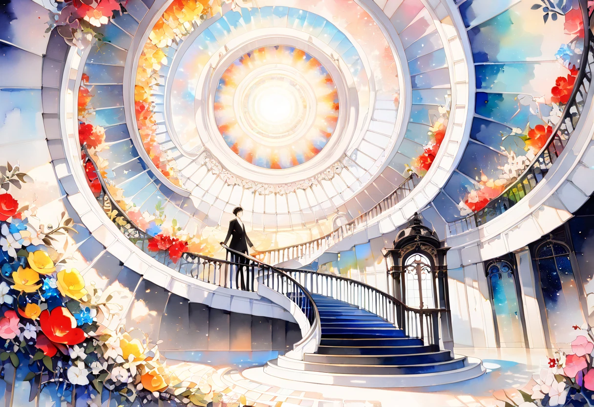 (((An elaborate watercolor painting depicting a beautiful black-and-white spiral staircase leading from paradise))),(((Unconditional Love))),(( top quality ,masterpiece:1.5)),(( sacred)),((Dazzling light)),( Large Coloured Photons :1.5),( pearl white ),(Perfect Anatomy),( Ultra High Quality ),( detailed background),(Artwork),(Great harmony ),(The 々 creatures you depict are beautiful),Desaturated:1.1, Rich Color Palette ,Beautiful and fantastic lighting, anime style,truth,joy,thank you,comfortable,fair,Elegance,Polite , true strength , full of vitality ,altruism,Beautiful,clean, soft,Here and now , Forget Time ,Unadorned ,fun,continuation