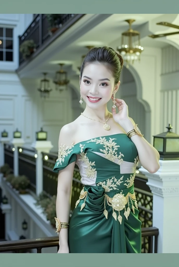 beautiful skinny (vietnamese:0.5) women wearing a sexy neck green dress, intricate details, funny <lora:LunaOkko:1>