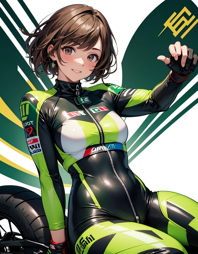  One girl , solo,  high res, chest,  blush,  smiles,  short hair , bangs,  brown eyes,  high res, masterpiece, accurate,  anatomically correct ,  wins numerous awards, 最 High Quality , high detail,  high definition model ,  High Quality ,  retina,  very detailed,  Ultra Fine, Brown Hair, standing, ((( GREEN LEATHER RACING SUIT ))), circuit field background , GREEN SPORTS BIKE ,  wear a green racing suit all over, Leather gloves,  open your mouth and laugh, Highlight the whole body,  don't reveal your skin, During a circuit race, Motorcycle circuit , motorcycle circuit,  racing suit with sponsor logo , ( One girl , Well-proportioned body,  cute face,  short hair:1.2), (最 High Quality ,  high res,  anime style to cover left eye,  Motorsports rider with digital drawing mode  ,  realistic :1.1), MotoGP rider,  pose beside a Moto GP bike with a helmet in hand,  depth of field ,  Circuit Background ,  detailed texture with helmet in hand, No. 15, 