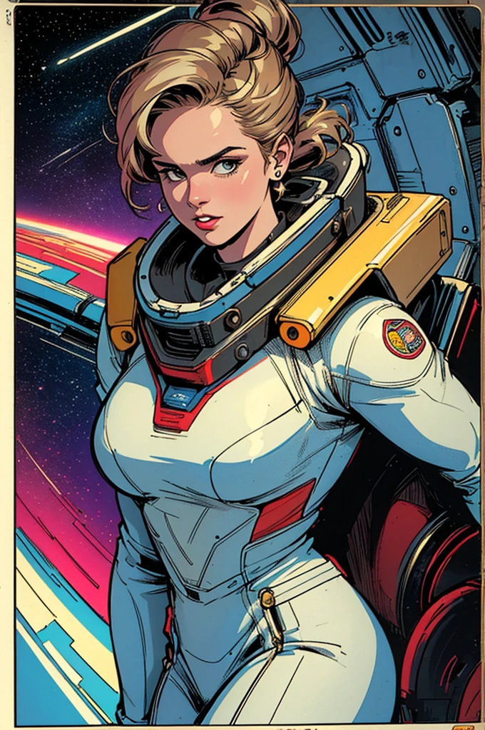 (((Top Quality Masterpiece ))),(((solo:1.2))),((( 1 woman :1.2))), 32K Highly Detailed Wallpaper , Retro Vintage Style ,(dynamic Angles),(((Overwhelming highlights))),((most complex machine)), American comics with a very flashy color scheme,80s space thriller movie poster confident face