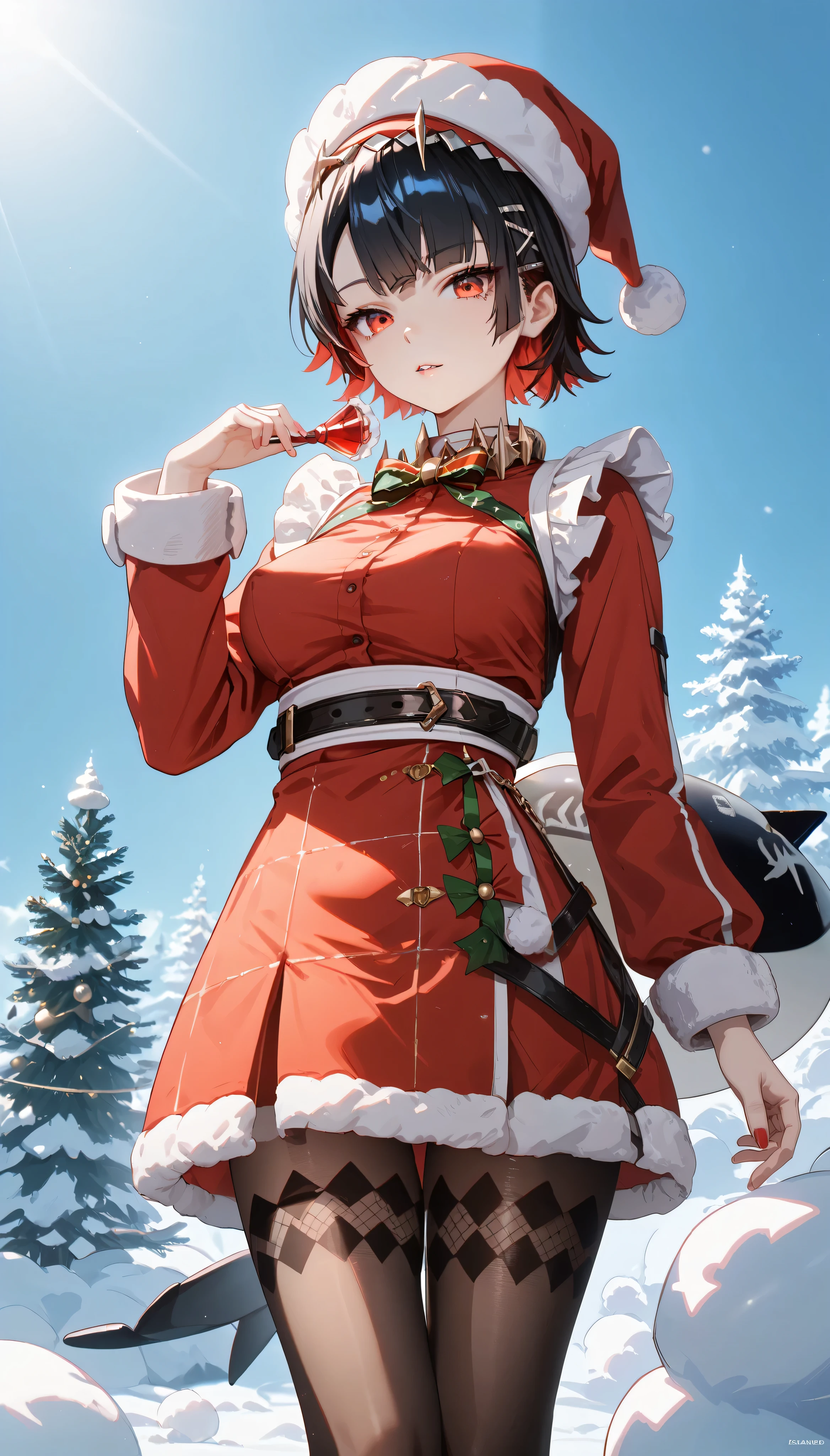 masterpiece, high-resolution ,Anime Art,Anime Numbers, 4k anime wallpaper,Soft Light, radiant skin, unique ,An anime girl,Standing, black hair,Gradient short hair ,Red Christmas dress , black pantyhose, red eyes ,Big breasts,thigh,Shark Tail, solid color background