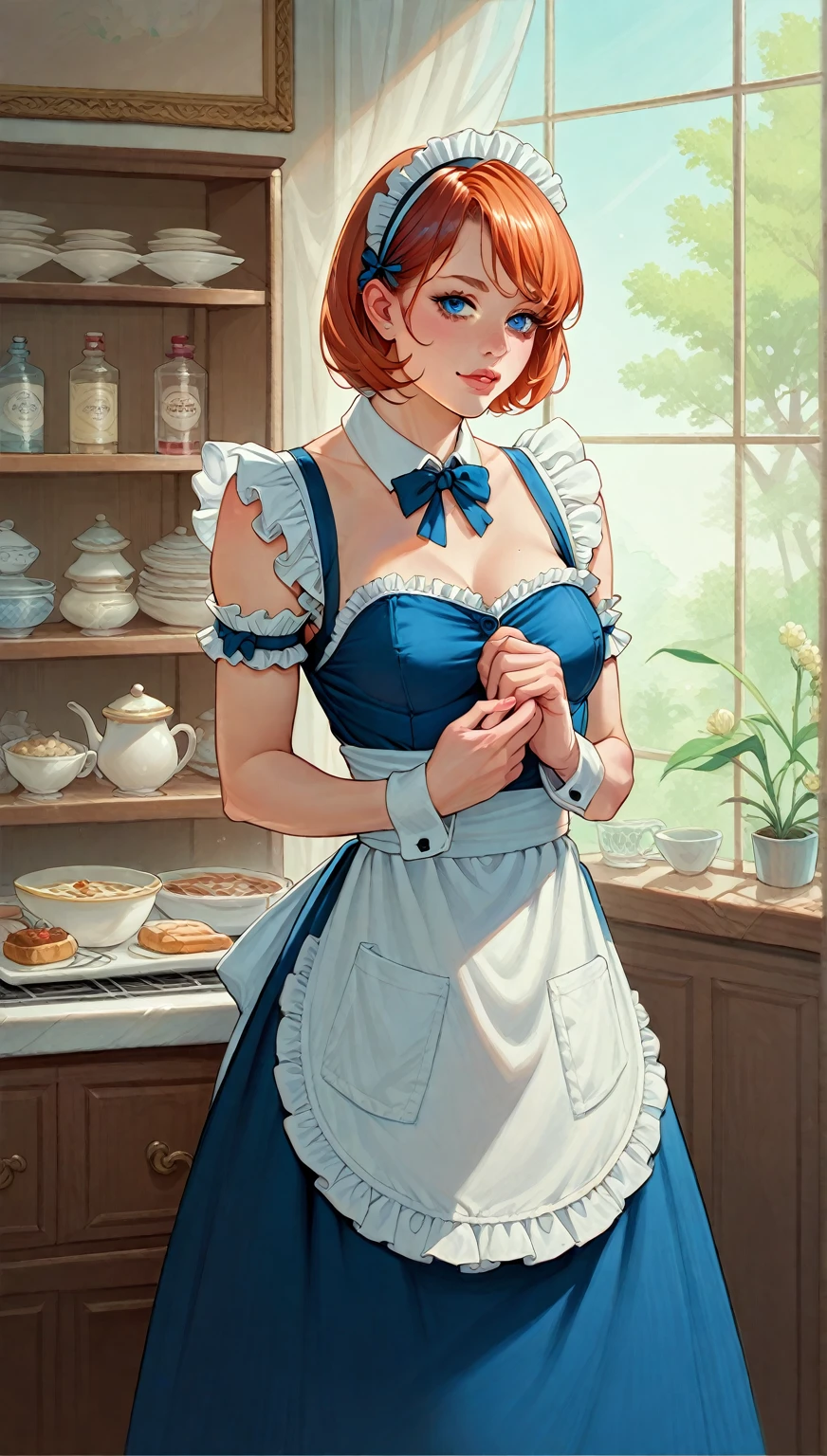 maid sexy, blue ayes, anatomicaly correct, sexy, small breasts, all choched, short end sexy cloches, Sensual maid, hot mais, 