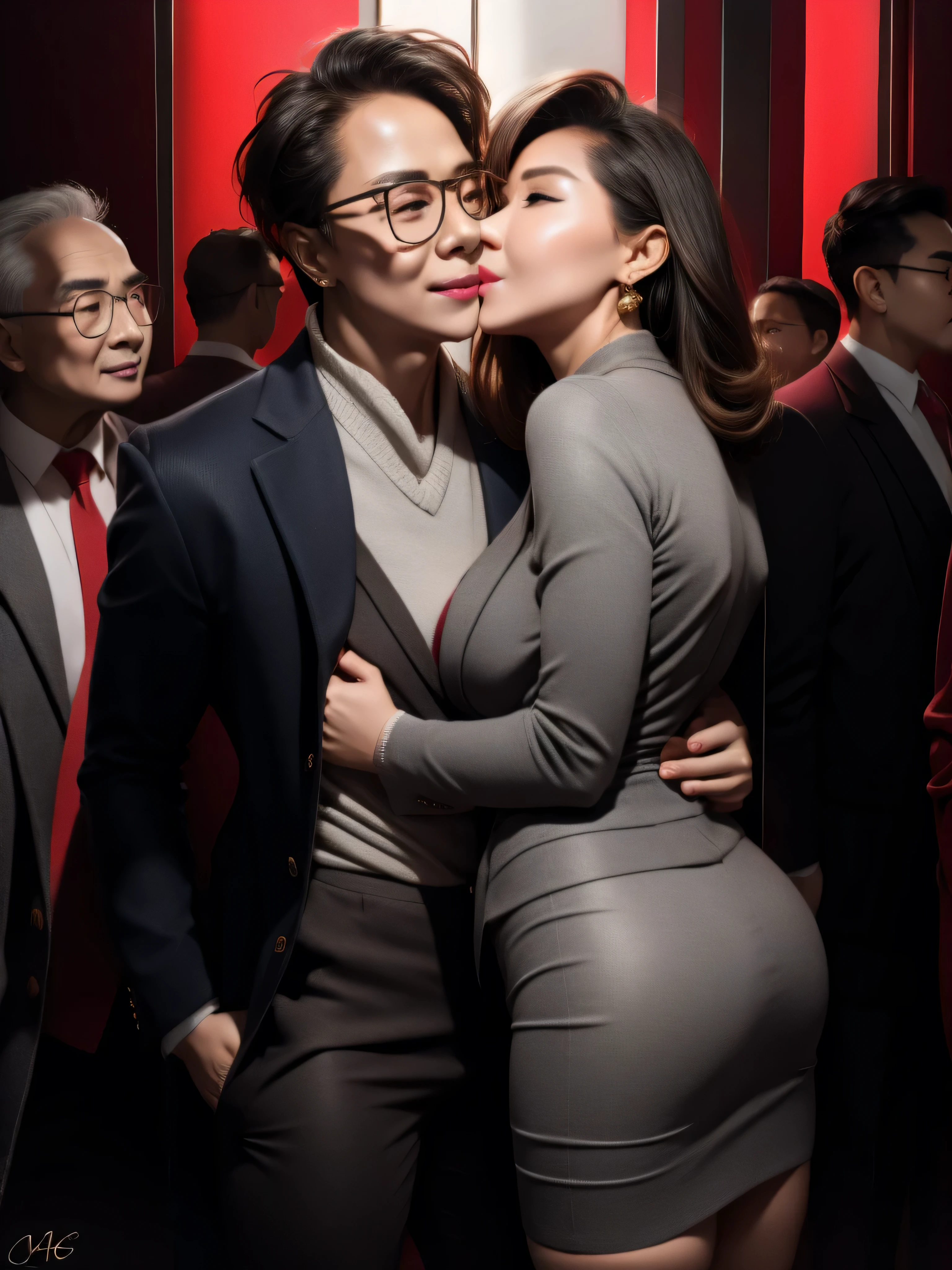beautiful woman wearing a revealing skirt suit, her elderly husband hugged and kissed her from behind in the crowded crowd, UHD, masterpiece, textured skin, super detail, best quality, 8k.