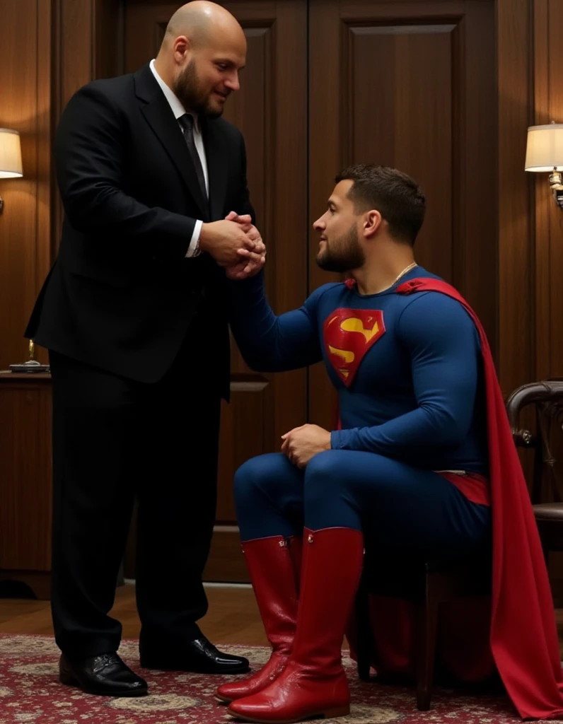 Lex,bald man,stand by Superman. Lex,bald man, wearing black suit.Superman sits on his knees and begs Lex,bald man, for forgiveness kiss. Lex,bald man, reached out his hand for Superman to kiss as a sign of submission. In a secret room, a handsome man in a superman costume (think movie version of Superman-black undercut, blue tights and red cape and red boots and red briefs).full body photo .