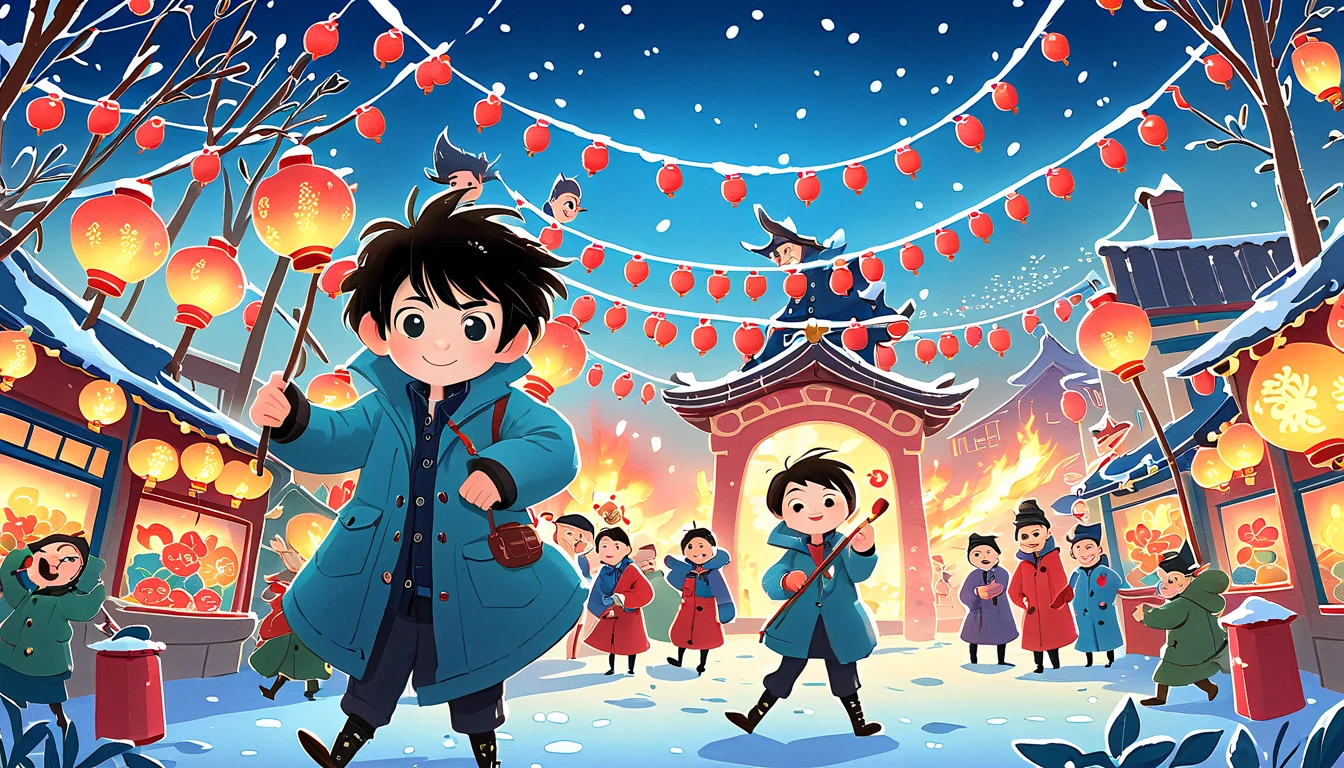 (Tim Burton style)，(Illustration captures the essence of Lunnar New Year)，(Modern town:1.2), ((Lanterns and festoons))，It's snowing，In the joyful atmosphere of the Spring Festival，(5 ren in down jackets set off firecrackers and fireworks:1.3)，(There are many fireworks in the sky:1.2)，The picture is beautiful，(Detailed and vivid ren&#39;s hand-drawn illustrations)，Show character expressions, (nsfw)