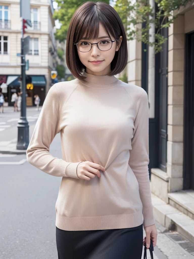 Photo of a beautiful woman standing on a street corner, (masterpiece:1.2, highest quality), (Realistic, photoRealistic:1.4), Beautiful illustrations, (Natural Side Lighting, Cinema Lighting), Written boundary depth, Beautiful thighs staring at the viewer, accurate, Anatomically correct, Highly detailed face and skin texture, (((Upper body selfie))),  1 female, A woman is photographed alone, 30-year-old, thin, slender, small breasts!!!, full bangs bob, Forehead, different hairstyles, thin, slender, (((glasses))), casual clothes, sweater, sexy pencil skirt, seductive smile, new frog style, Turn your butt towards the camera, ((show your back)), ((protruding buttocks)), Paris on a clear day with park in the foreground, portrait, (breast focus), (looking at the floor), (looking to the side), (looking at another:1.4), (medium shot), from front, standing