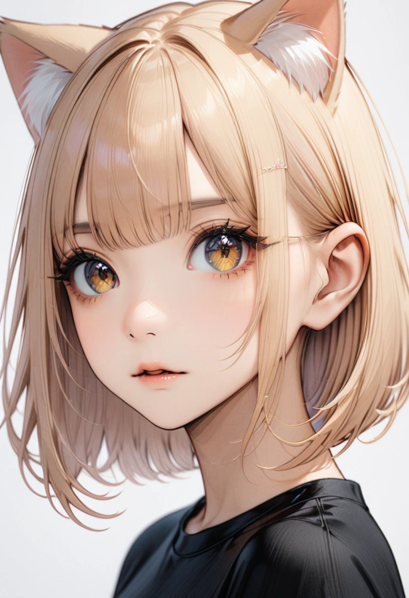 1girl, black t-shirt, light blonde hair, medium wavy hair, bangs, brown eyes, cat ears, no human ears portrait, masterpiece, best quality, super detail