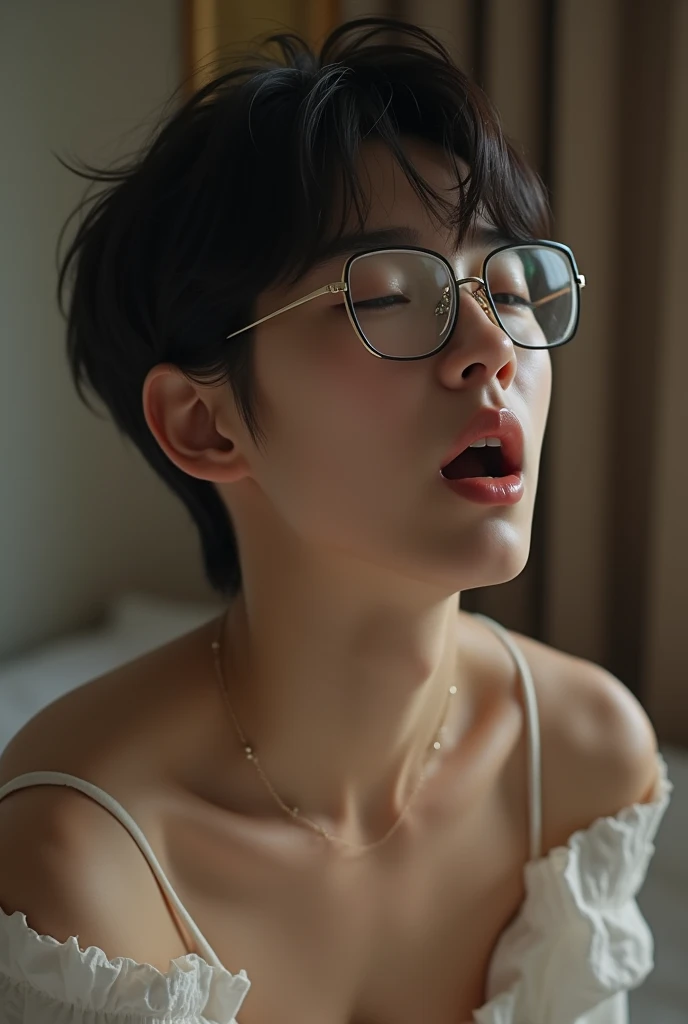Top view、Super high quality、High resolution、high quality、Highly rated、最high quality、photograph、8k、Professional Lighting、Woman kneeling in front of man&#39;Penis、(Woman kissing a penis)、Ahegao、Happy expression、Full nudity、Black Hair、Down style hair、Beautiful short bangs、Shortcuts、Hair Bun、Beautiful ioist lips、Wearing glasses、Black eyeshadow、Black eyeliner