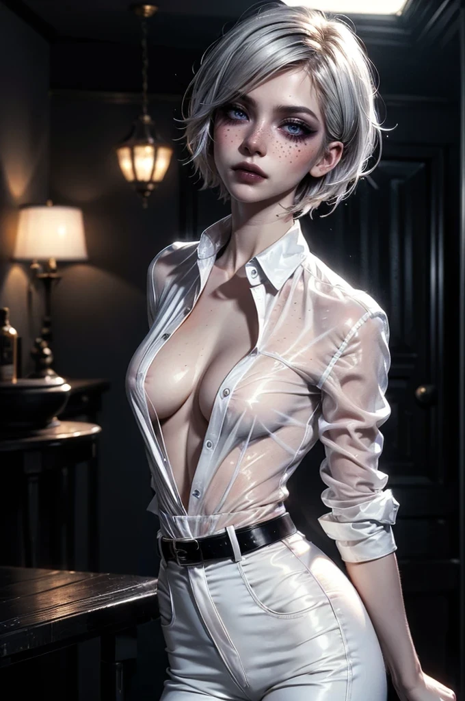 (a secret society of immortal humans:1.1), 1girl, masterpiece, best quality, (photorealistic:1.4), full body shot, a photo of a beautiful woman, evening, skinny, white hair, spiked hair, detailed face, medium breasts, white shirt, wetshirt,