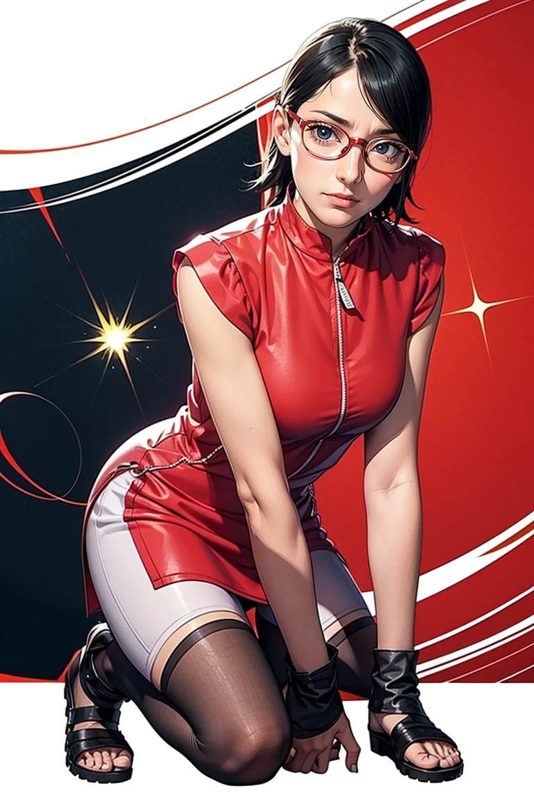(Sarada Uchiha,short hair,black hair,glasses),full body picture Unreal Engine 5 8K UHD of beautiful girl, green Japanese style long hair, ((wearing futuristic black tight battle suit)), half face mask, (futuristic neck collar), grass green light details, best quality, masterpiece