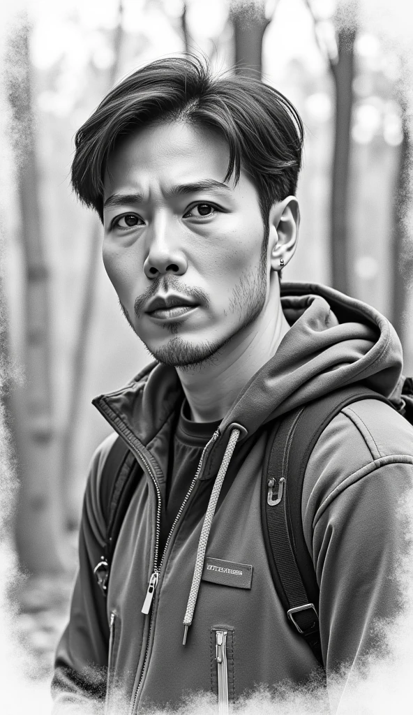 A pencil drawing. a portrait photo of 38-year-old male, traveler clothes, standing in the forest, natural skin, high quality, 16k, masterpiece, detailed face, detailed eyes, Black hair with gray Sporadic,