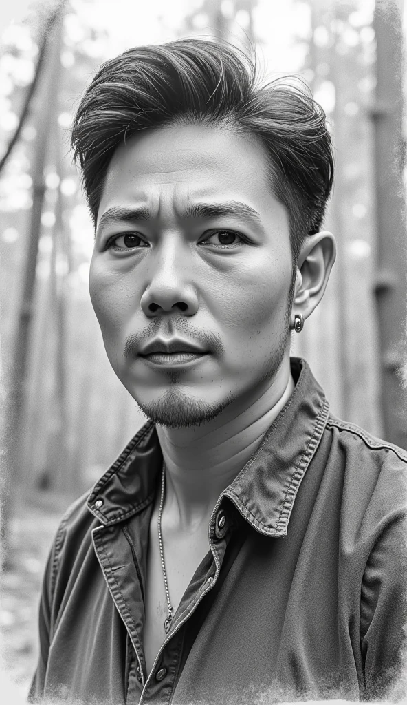 A pencil drawing. a portrait photo of 38-year-old male, traveler clothes, standing in the forest, natural skin, high quality, 16k, masterpiece, detailed face, detailed eyes, Black hair with gray Sporadic,