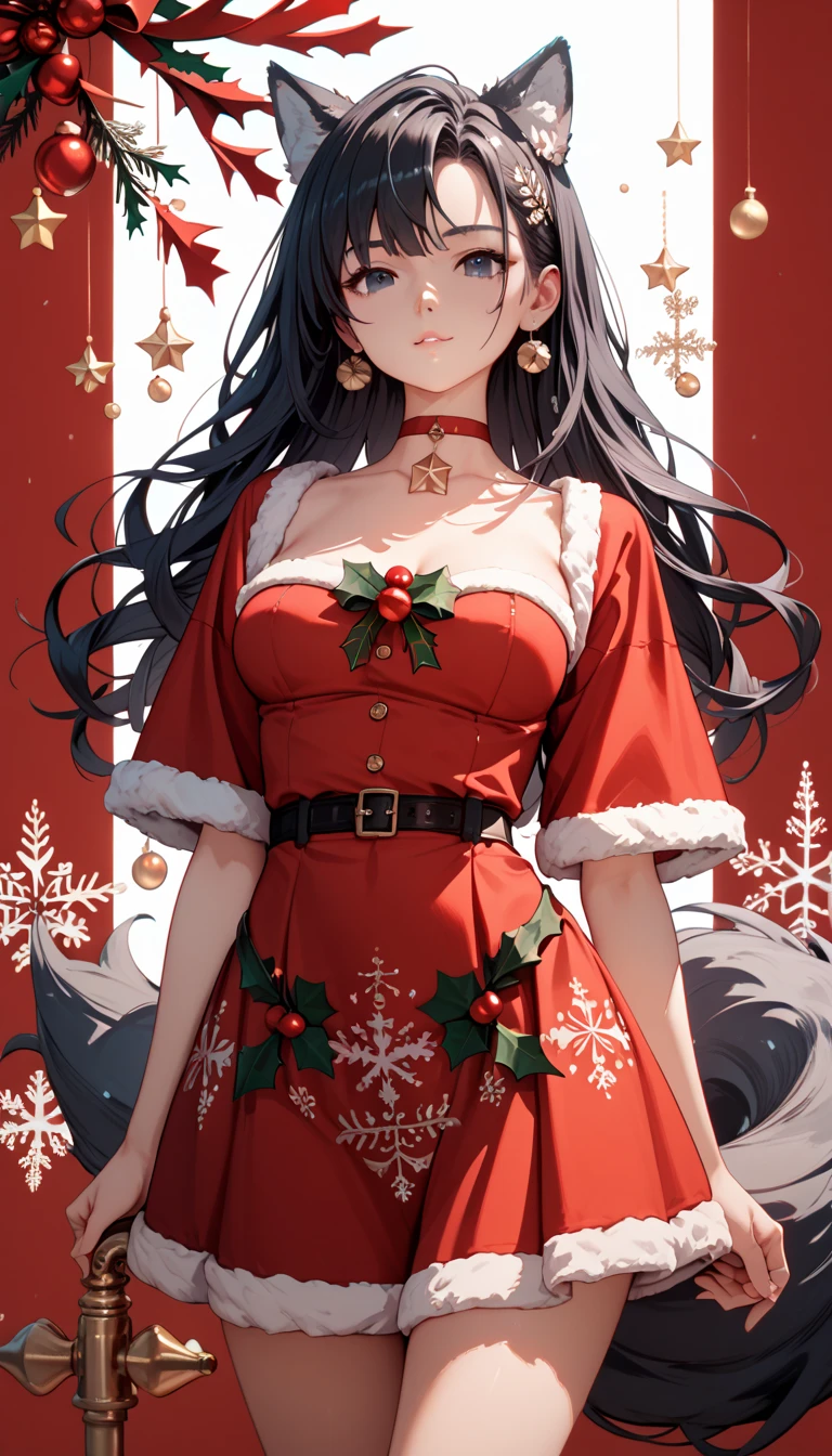 masterpiece， high-resolution ，Anime Art，Anime Numbers， 4k anime wallpaper，Soft Light， radiant skin， unique ，An anime girl，Standing，Red Christmas dress ， long black hair， Wolf Ears ， black eyes，chest，thigh， solid color background