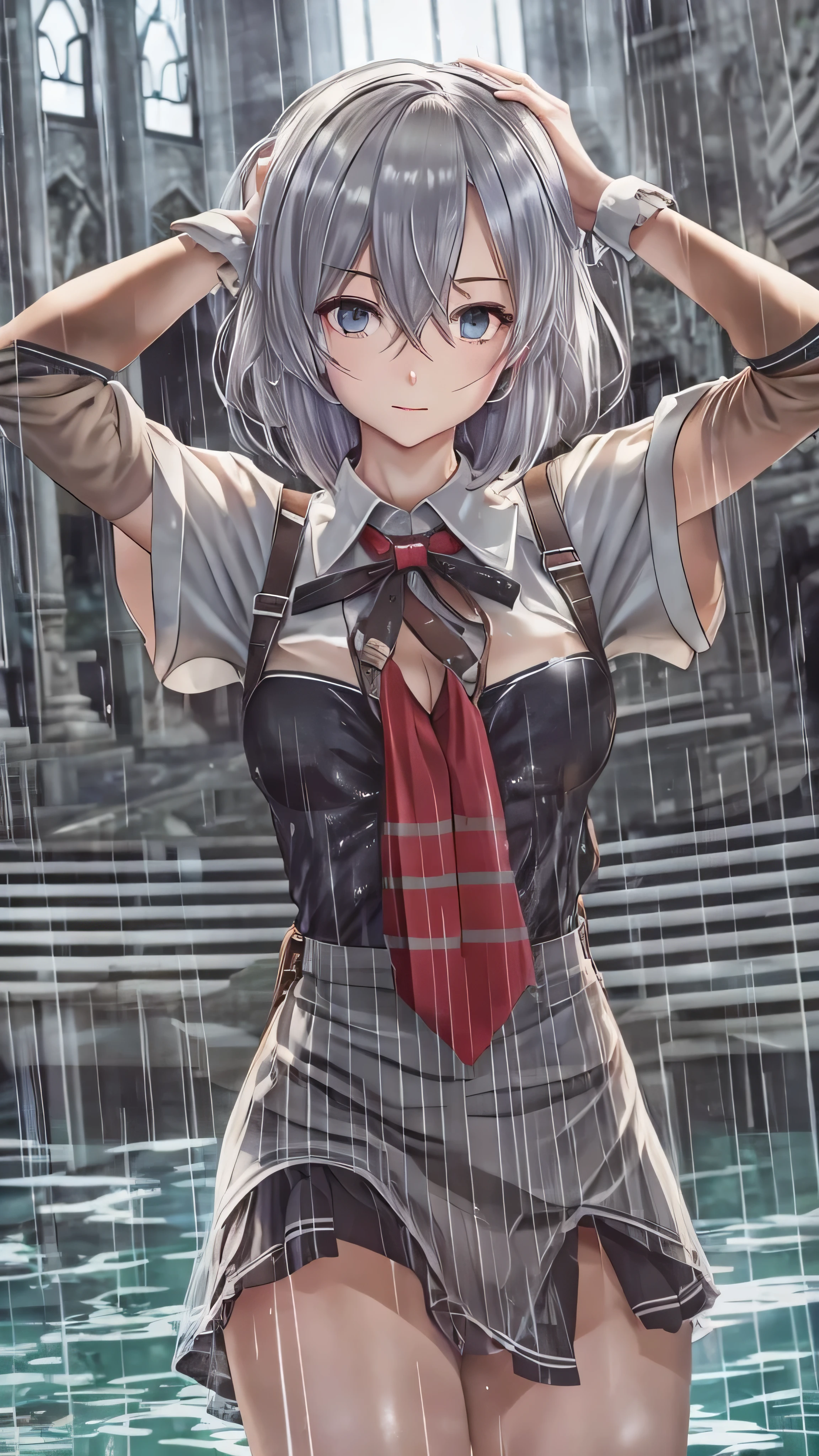  top quality ,  high res,  absurd,  ultra detail showing the cathedral, Suzuya_( kancolle ),  One girl , length_hair,  skirt, Alone,  shirt, rain,  wet_ Close , hair_ Ornaments ,  wet, chest, underwear, Pleats_ skirt,  see-through, bowtie, red_bow