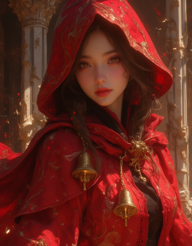 a woman in a red cloak, detailed intricate red cloak, medieval fantasy, detailed ornate golden bells, beautiful detailed eyes, beautiful detailed lips, extremely detailed face and portrait, long eyelashes, elegant pose, graceful movement, serene expression, cinematic lighting, dramatic shadows, vibrant colors, fantasy art, masterpiece, (best quality,4k,8k,highres,masterpiece:1.2),ultra-detailed,(realistic,photorealistic,photo-realistic:1.37),cinematic lighting, dramatic shadows, vivid colors, abstract