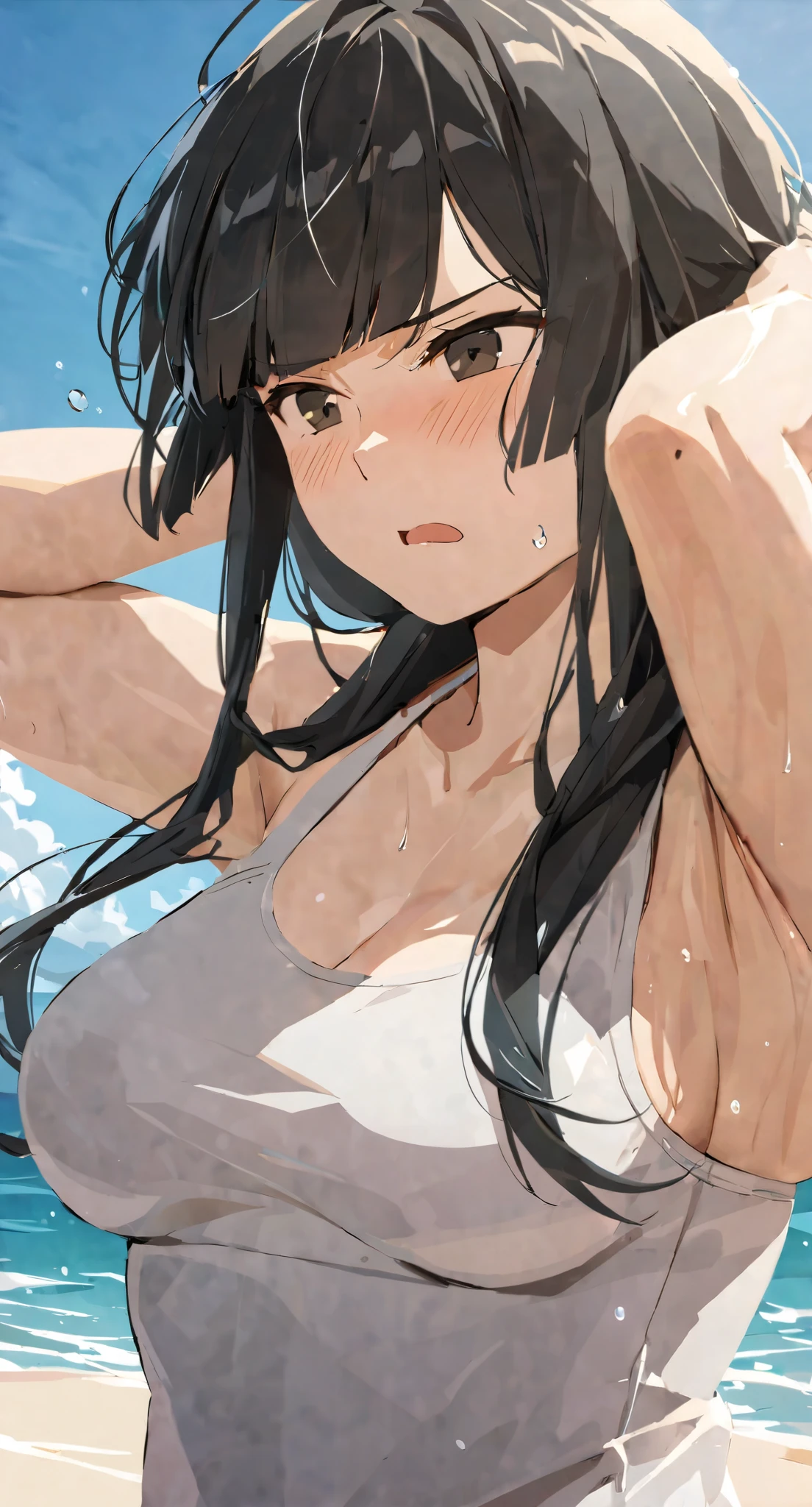 masterpiece,best quality, solo, eda, bangs, black hair, upper body,blue sky,cloud, shy expression, medium breast, hot, thicc, swimsuit , ocean, water, she is tying her hair, she is shy, embarrassed , she is embarrassed, dynamic pose, close shot, upper body, chubby, dynamic pose, trying hard, serious face, her chest is getting bigger 