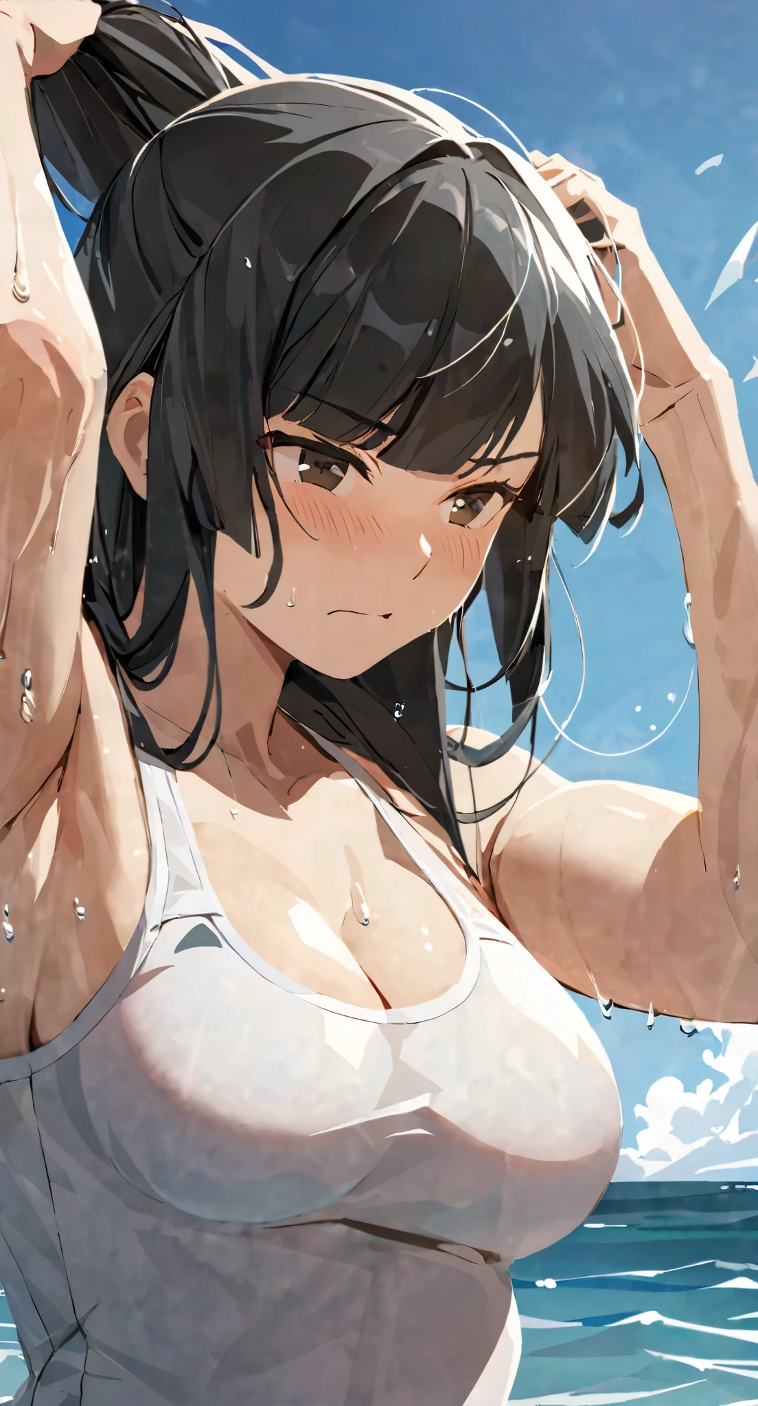 masterpiece,best quality, solo, eda, bangs, black hair, upper body,blue sky,cloud, shy expression, medium breast, hot, thicc, swimsuit , ocean, water, she is tying her hair, she is shy, embarrassed , she is embarrassed, dynamic pose, close shot, upper body, chubby, dynamic pose, trying hard, serious face, her chest is getting bigger 