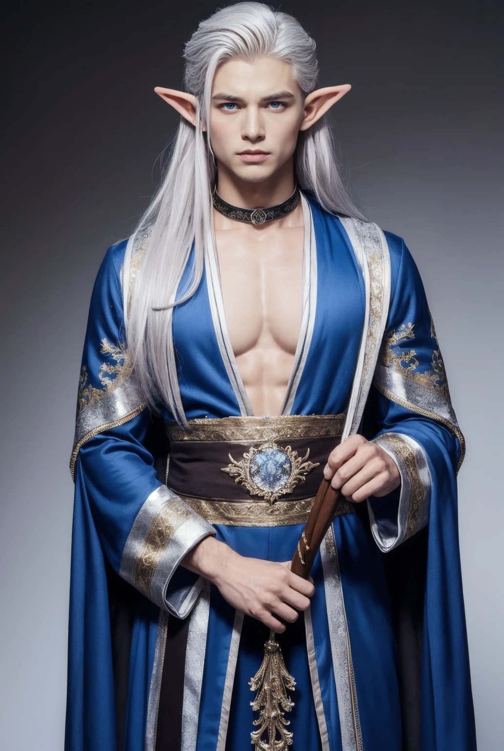 Very detailed masterpiece a man with long tied white hair , with blue eyes ,white tea , very handsome,  That he looks young, muscular and that he wears ancient Chinese clothing such as a tunic and that he has an anime design that has the appearance of an 18-year-old boy.