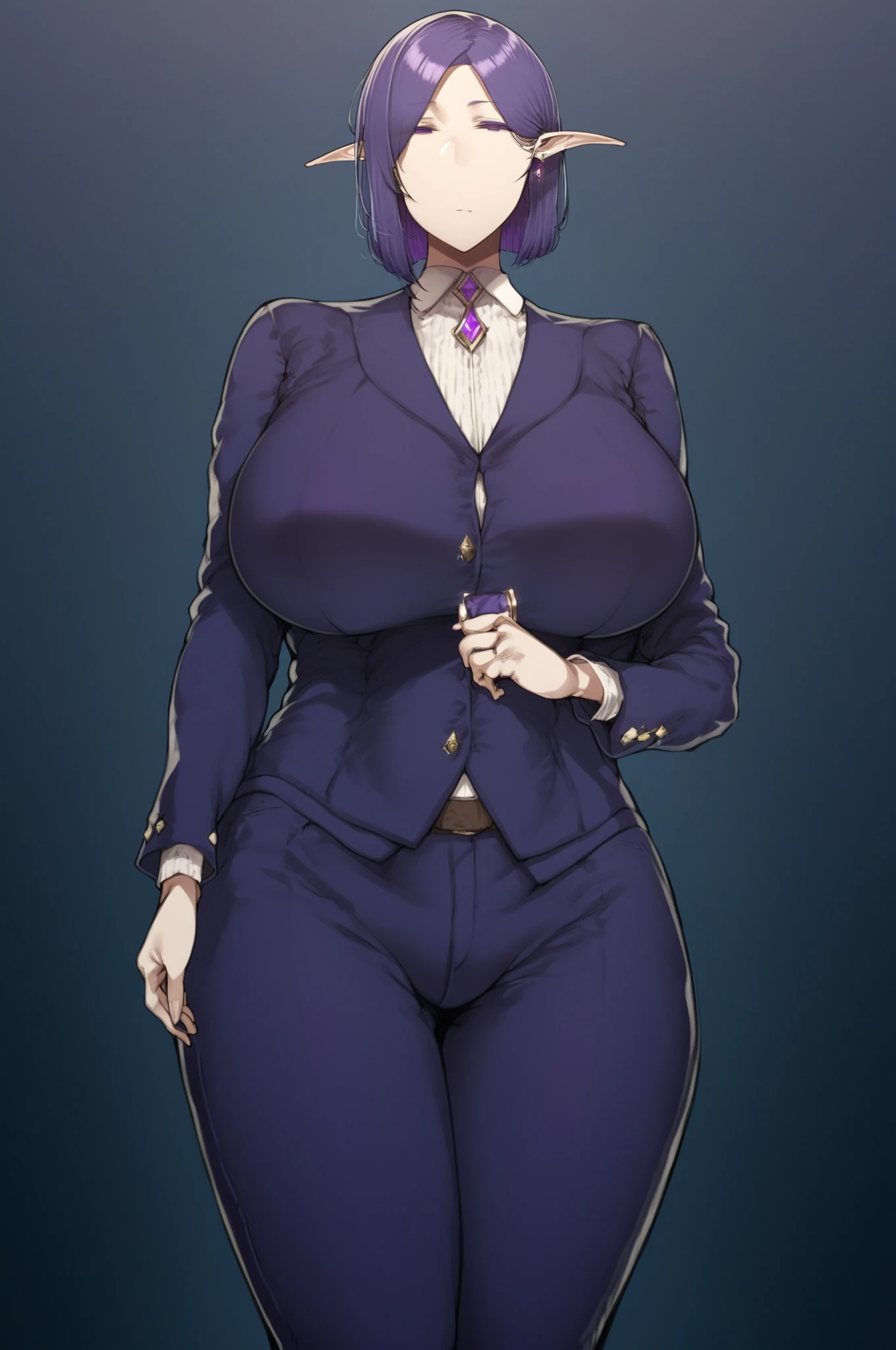 Milf, very voluptuous mature woman,  voluptuous body ,  very dark purple hair ,  by Corte Bob, bob cut hair, Straight hair, Very tall woman, big woman,  suitable for all audiences , pale skin,  butler woman , anime,  anime style tanishi ,  woman in very elegant men's clothing, Woman in butler clothes, dark purple eyes ,  dark purple eyelashes ,  purple gem brooch on the neck,  earrings with purple gems ,  woman with pants, empty stare y sin expresiones,  look without emotions y sin expresiones, empty stare,  look without emotions, Expressionless look, No expressions on my face, Expressionless look, Straight hair, by thin,  pointy ears , Elf ears, Very beautiful female elf, Butler&#39;s suit, mujer con Butler&#39;s suit hombre,  woman with pants de hombre,  tight pants, Female butler, Milf butler, Milf with men's pants, elegant pants, Alone,  butler woman  sola, A butler, mayordomo Alone, Image of a single person