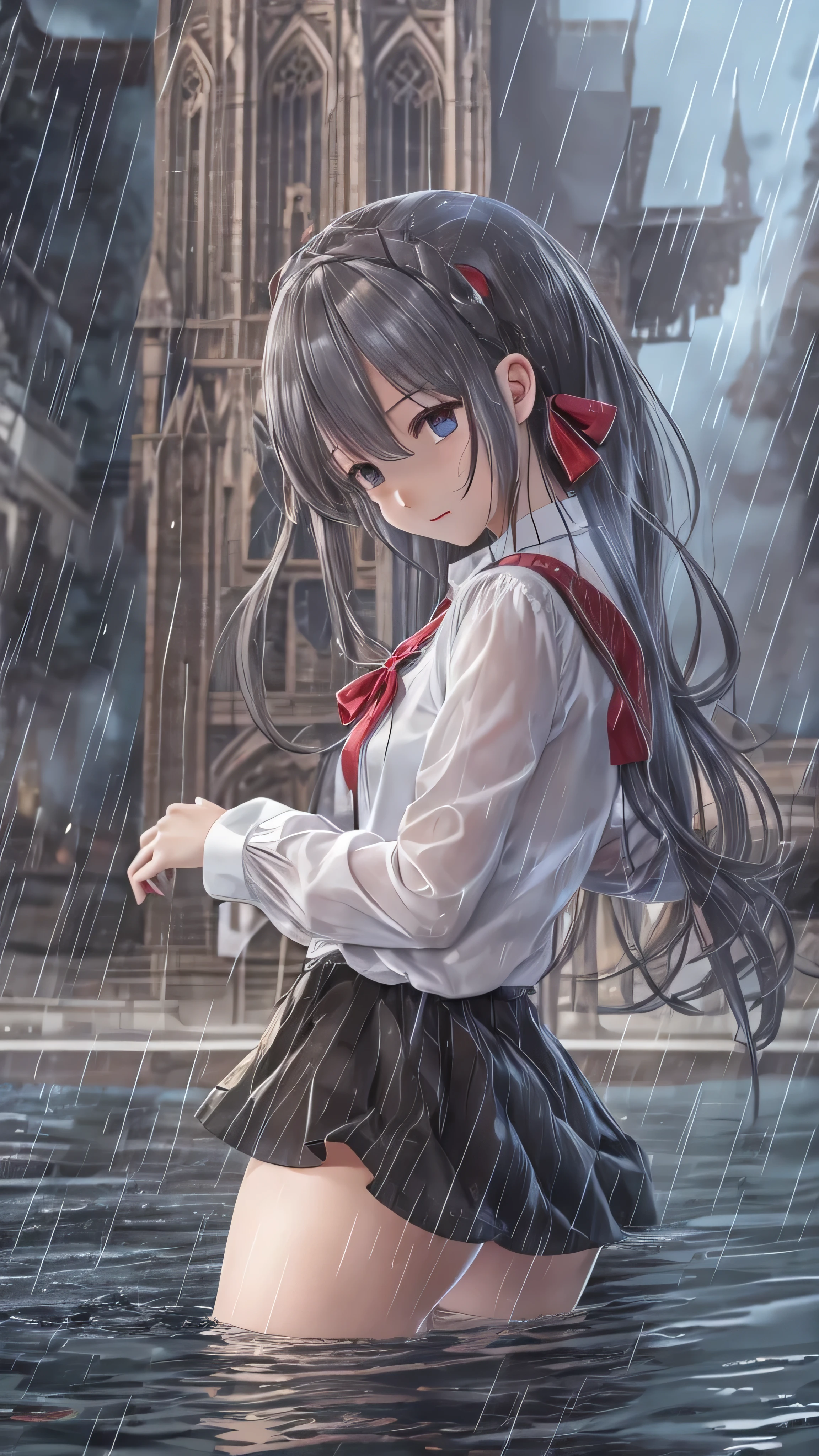  top quality ,  high res,  absurd,  ultra detail showing the cathedral, Suzuya_( kancolle ),  One girl , length_hair,  skirt, Alone,  shirt, rain,  wet_ Close , hair_ Ornaments ,  wet, chest, underwear, Pleats_ skirt,  see-through, bowtie, red_bow