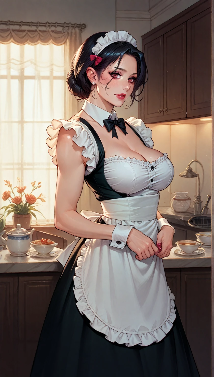 succubus girl, dressed as sexy maid, hot, dark hair, pescoço sem adornos