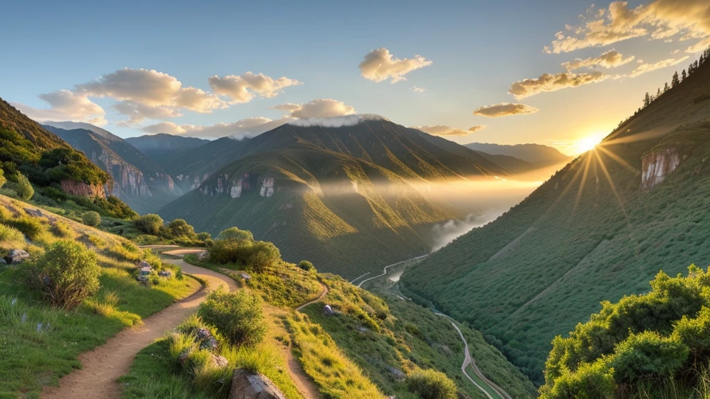 A drone glides over a narrow dirt trail meandering along the edge of a steep mountain. The landscape alternates between rugged rock faces and lush patches of grass,with breathtaking views of a mist-filled valley below. Sunlight breaks through the clouds,illuminating patches of the trail.,