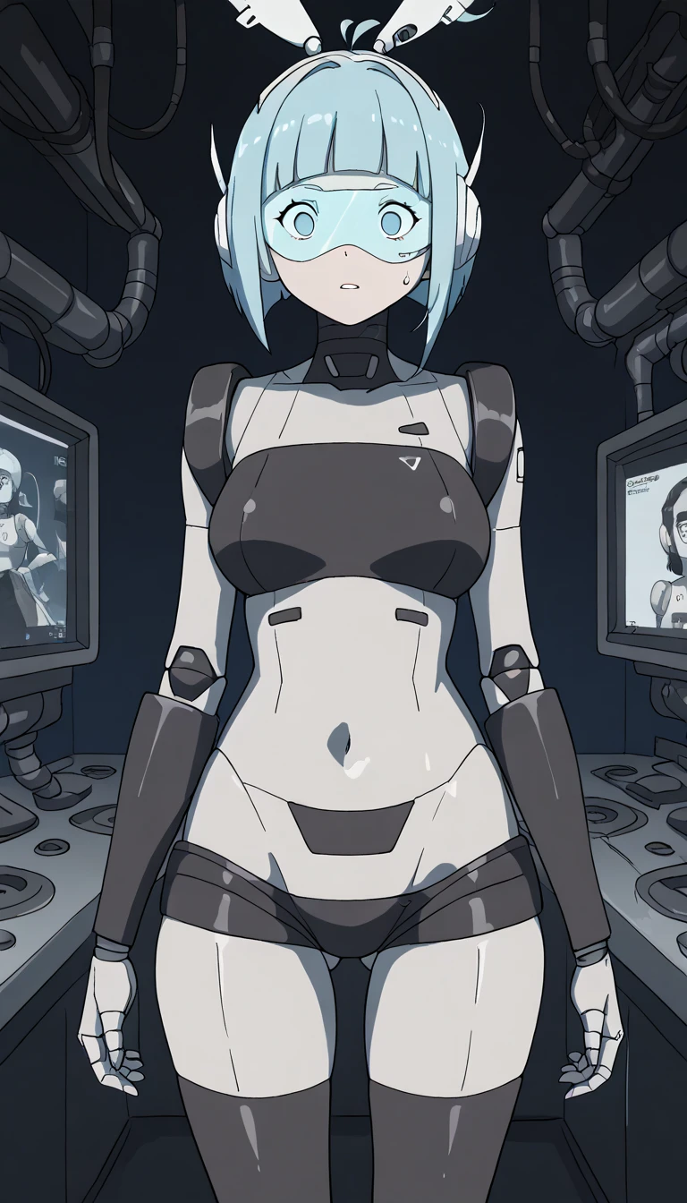 masterpiece, best quality, extremely detailed, (8K, 4K, Best Quality, hight resolution, 超A high resolution:1.1), ,8k portrait, Japaese android Girl,Plump , dark black leg cover,announcer,control panels,android,Droid,Mechanical Hand, Robot arms and legs, Black Robot Parts,Mechanical body,Blunt bangs,perfect mechanical abdomen,White robotics parts,perfect robot woman,future laboratory,cyber pank,charging spot,laboratory,long tube,thick cable connected her neck,white ceramic body ,perfect mechanical body, white robot body,lod antenna,mechanical ear cover,android,robot humanoid,black sponge joints,The removable cover is in the groin,The connection port is in the groin,opened chest panel,access panel on the chest,opened breast panel,perfect mechanical breast,perfect black machine body,perfect black android body,She has repaired,assembly plant,no human skin,visor,mistyrobot,Lucyna Kushinada(cyberpunk edge runner),dress,empty eyes,malfunction,cumming in pussy,robot joint,doll joint,robotization,robotic