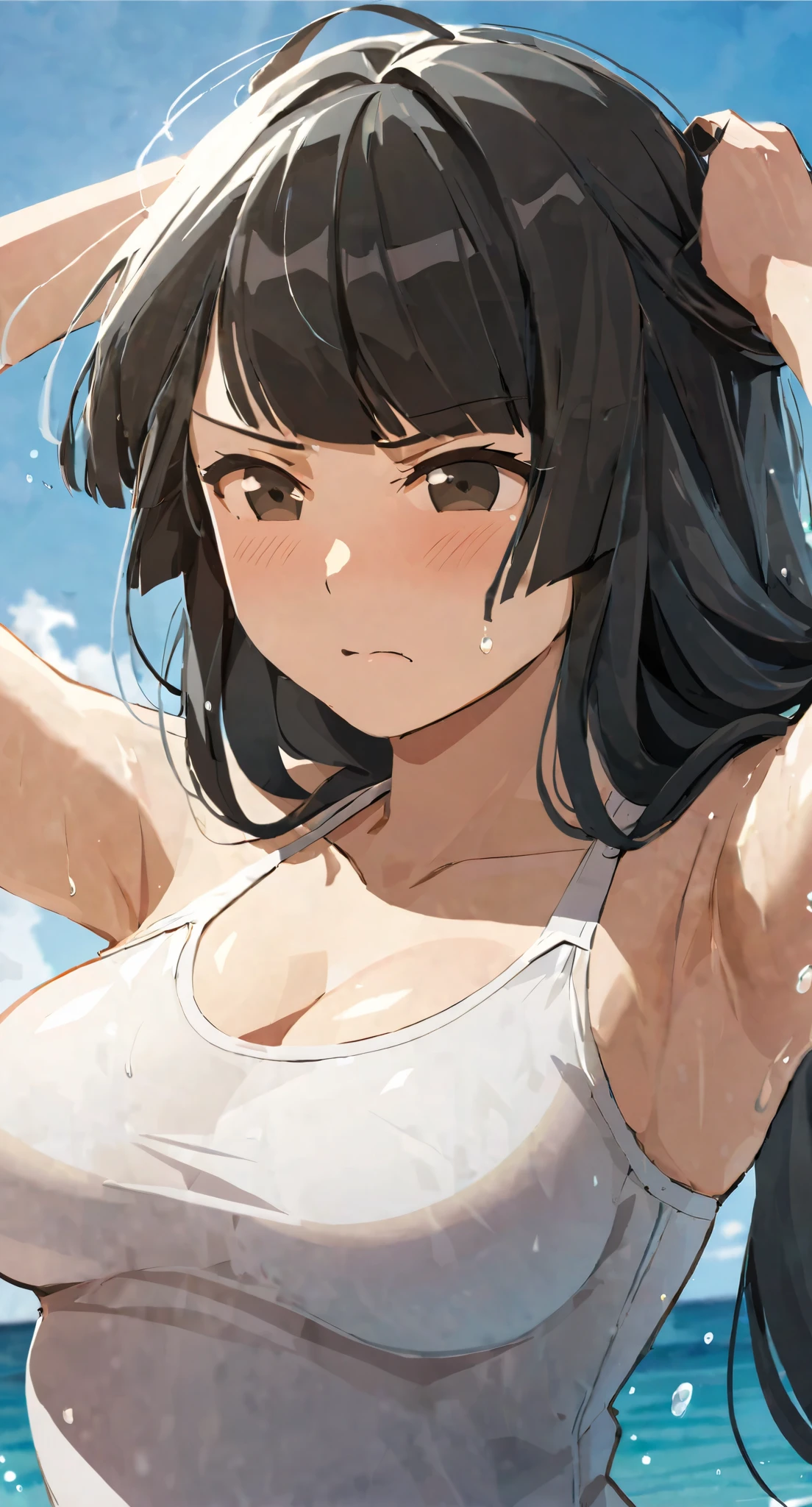 masterpiece,best quality, solo, eda, bangs, black hair, upper body,blue sky,cloud, shy expression, medium breast, hot, thicc, swimsuit , ocean, water, she is tying her hair, she is shy, embarrassed , she is embarrassed, dynamic pose, close shot, upper body, chubby, dynamic pose, trying hard, serious face, her chest is getting bigger 