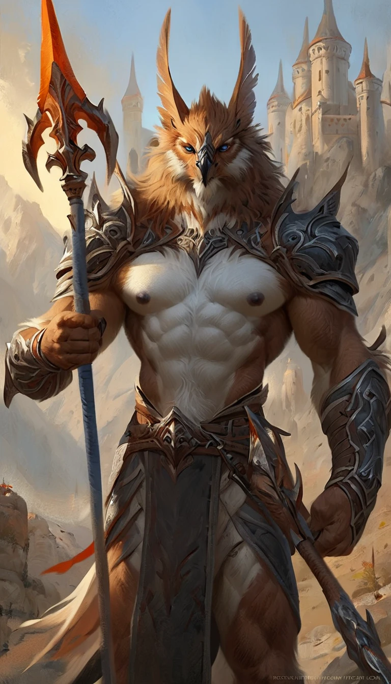 muscular Anthro male eagle knight holding a weapon spear, illustration, solo, serious expression, masterpiece, best art, full body, by laobai, by taran fiddler, by honovy, detailed eyes, detailed body, claws, tall, topless, pecs, abs, nipples, pauldrons, 