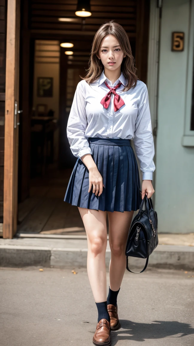 a beautiful 18 year old Japanese high school girl with perfect anatomy, healthy thighs, beautiful legs, beautiful skin, random hair color and style, large breasts, (wearing a Japanese schoolgirl uniform:1.3), (she is standing:1.2), penny loafers, holding a student bag, full body shot, standing on a city street, (best quality,4k,8k,highres,masterpiece:1.3),(extremely detailed:1.2), photorealistic, ultra-detailed, vivid colors, studio lighting, professional, Keiko Kitagawa