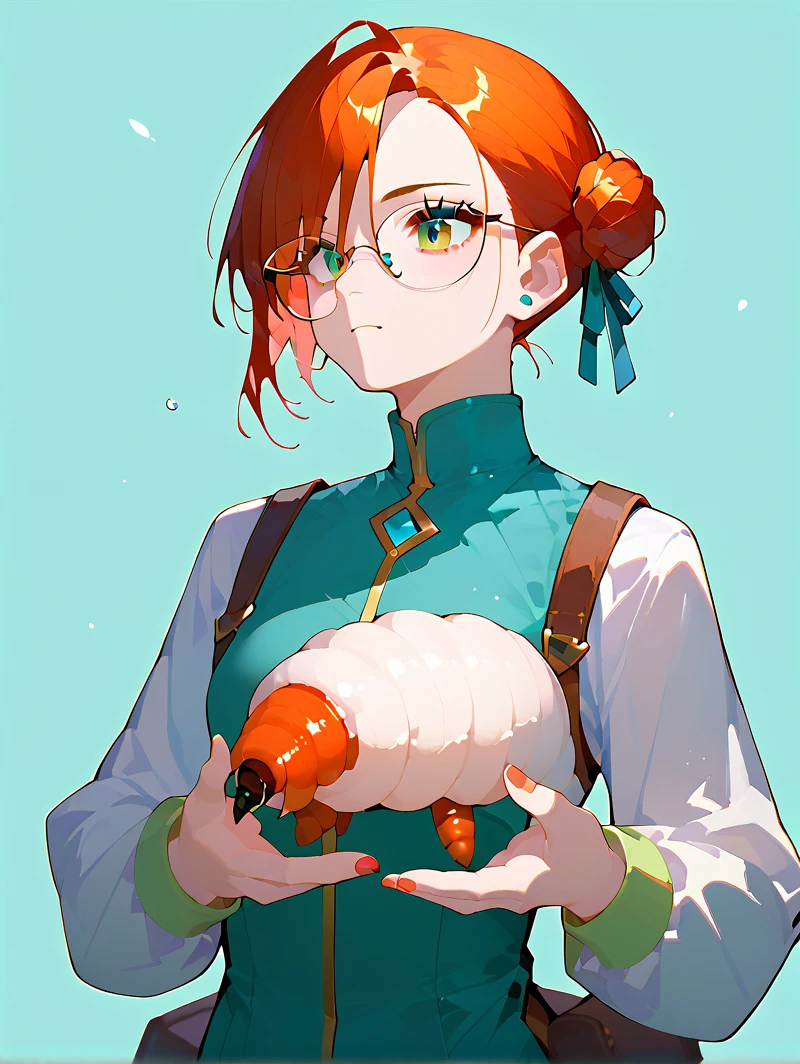 score_9, score_8_up, score_7_up, 1gil , 2.5d,rating_safe  , anastasiacv, redhead, single bun, holding maggots on her hands,   maggots