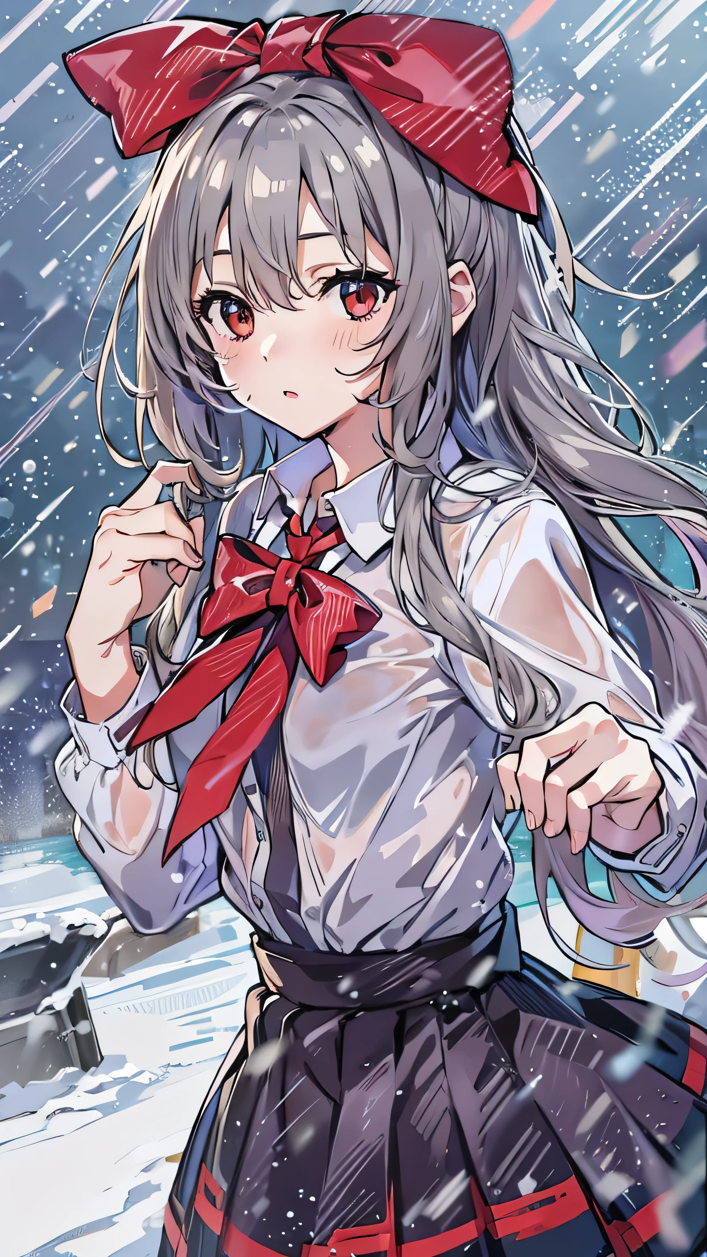  top quality ,  high res,  face details,  ultra detail showing the cathedral, Suzuya_( kancolle ),  One girl , length_hair,  skirt, Alone,  shirt, rain,  wet_ Close , hair_ Ornaments ,  wet, Pleats_ skirt,  full body high quality image , bowtie, red_bow, snow falling 、