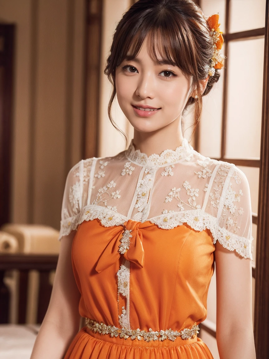  medium display, Mid Shot,  Depth of Written Boundary,  Bust,  upper body,  movie angles, masterpiece,  top quality ,  very detailed, CG, 8k wallpaper,  beautiful faces, Delicate eyes, Otome, Alone, smile, bangs,  skirt,  shirt,  has , Persimmon orange dress, bow, petal, bouquet