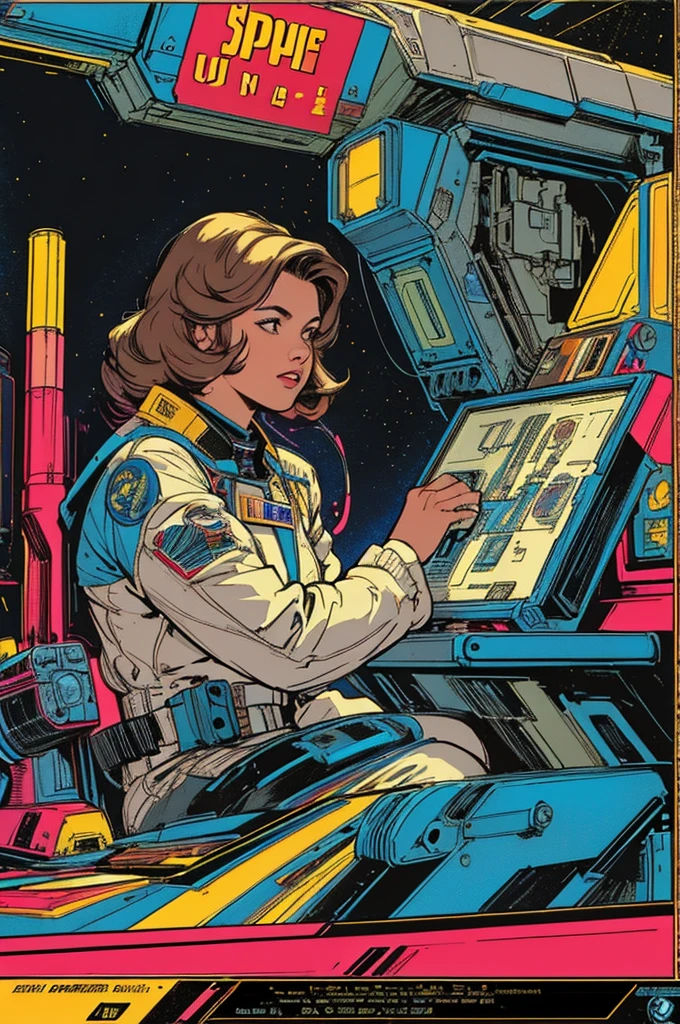 (((Top Quality Masterpiece ))),(((solo:1.2))),((( 1 woman :1.2))), 32K Highly Detailed Wallpaper , Retro Vintage Style ,(dynamic Angles),(((Overwhelming highlights))),((most complex machine)), American comics with a very flashy color scheme,80s space thriller movie poster ,propaganda