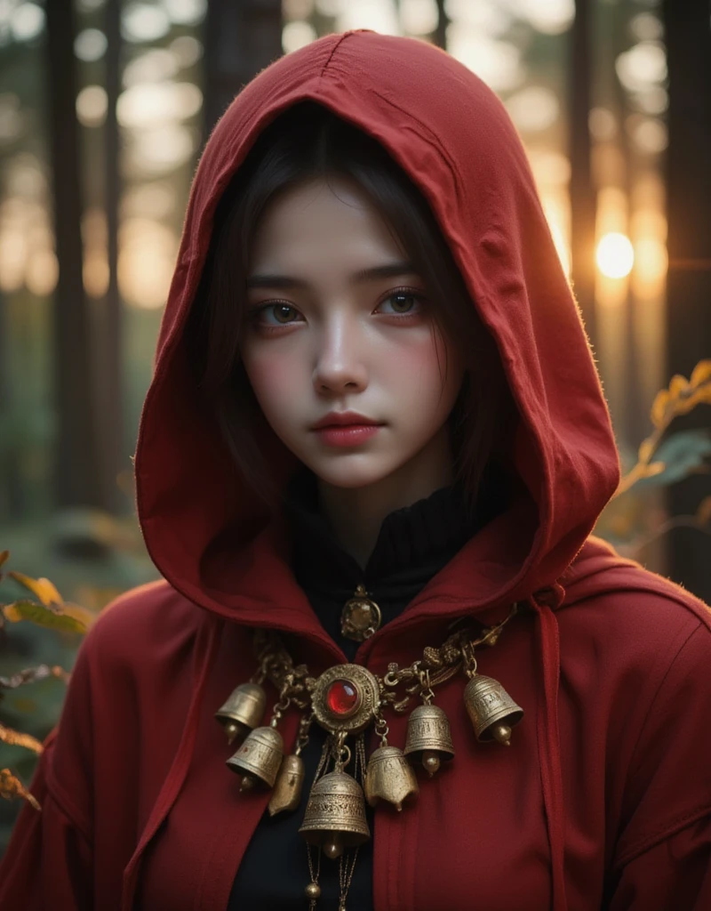 A hooded girl in a red cloak, detailed face, beautiful eyes, long eyelashes, detailed ornate golden bells ornaments, fantasy forest background, warm lighting, highly detailed, digital art, cinematic, photorealistic,  abstract