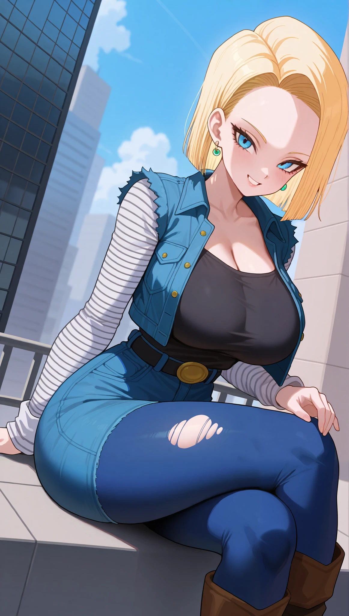 (masterpiece), (portrait), big breasts (aesthetics), ((1 female 21 years old)), Highlight earrings), ((short hair)), ((Hot crystal blonde hair)), ((Android 18)) straight hair, thin eyes open, blue eyes, cute, naughty, malicious smile, woman, feminine, beautiful, female features, top, high quality, aesthetic clothing, professional angle, (rule of thirds), (feminine), , (beautiful) , (female ) features), solo, (Korean attractive), summer, (ink haze), (afternoon), (vibrant light), seductive posture, ((face looking forward))), Android 18, denim jacket, denim skirt, boots, torn black tights, striped sleeves blouse, black strap t-shirt, jeans, sensual, grab breast((Energy)), (Bold Makeup), (Big Breasts), Fair Skin, (Clothes with Hip Hop Details), (a hot Android 18, sculptural body, sexy pose), (Sleep Neckline), Beautiful Hands, Body beautiful, beautiful ears, beautiful eyes, bright eyes, beautiful mouth, beautiful lips, sitting, crossing legs, city destruction