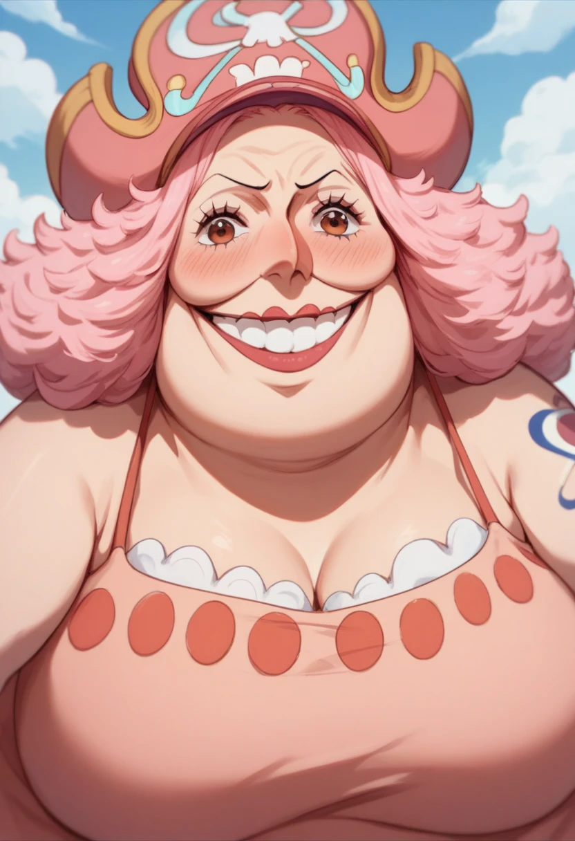 (ANIME ART STYLE) big mom (ONE PIECE), with long pink hair, fat, brown eyes, wearing hat, big mom clothes , (wano arc) blush face,