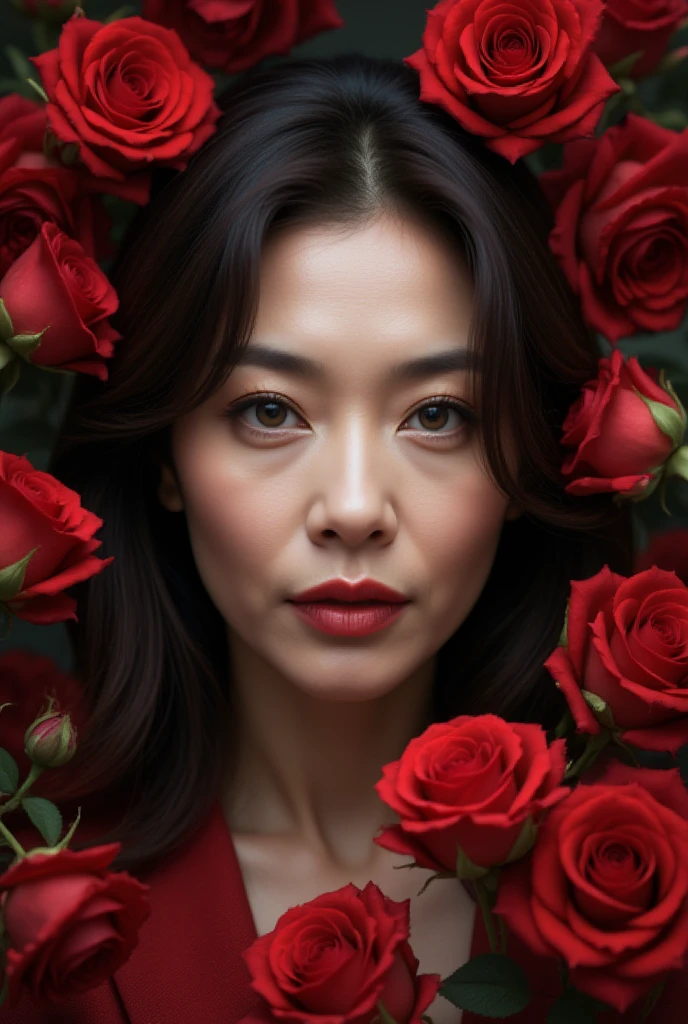 A close-up, dramatic image of a Japanese mature woman, 48 years old, embodying the essence of a rose witch. Her face is framed by countless roses swirling chaotically around her, creating a mesmerizing and surreal effect. The roses, in rich shades of red and crimson, seem to fly and spin in a dynamic motion, surrounding her with a vibrant, magical energy. Her expression is powerful and mysterious, with captivating eyes and a subtle, enigmatic smile. Her wavy hair flows gracefully, blending seamlessly with the whirlwind of petals. The scene features ultra-high detail, sharp focus, and realistic textures, illuminated with dramatic, moody lighting that enhances the intensity and depth of the roses and her striking features.smile