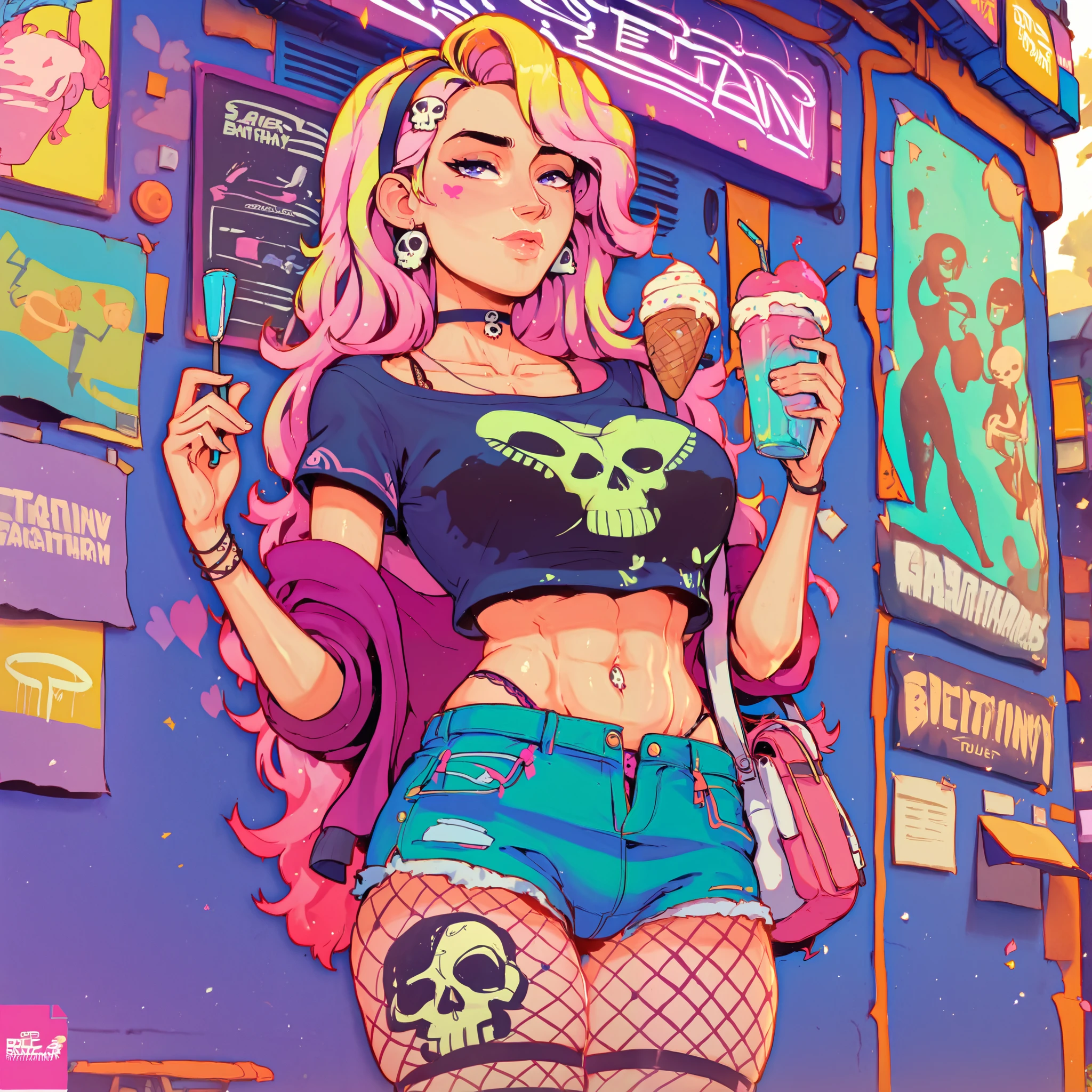 wolf, Background, In chic boho style, in a cafe, Ice cream print, multi-colored neon lights, neon garlands, rose hair, mixed-language_SMS, Japanese graffiti, (beautiful and clear background:1.2),, fantastic paintings ,graffit style, highly detail eyes , underwear, lace, latex, Pink, Purple, mint, Blue, Yellow, belve, lavender hair, Skull Print, Skull tattoo, Loving, Love, ultra detail hair, Masterpiece, Best Quality, highly quality, A high resolution, detail enhancement, ((most beautiful image in the world)), Masterpiece, Best Quality, highly quality, A high resolution, detail enhancement, ((most beautiful image ), Shiny pink degrade hair, ultra short fitted Stampa Flores, Rollers, fishnet pantyhose, short denim shorts, art by stjepan sejic, art by j scott campbell, Artist Guillem March, art by citemer liu, 4k, A high resolution, comic book character, comic, high quality detailed, style of ::2.0 comix illustration style,tatoon style, highly quality, A high resolution, detail enhancement, 8K, HD, Best Quality, highly quality, A high resolution, detail enhancement, 8K, HDR, sharp-focus, Ultra Detailed, perfect lighting, Curvy Body, Lush breasts, Curvy hips, skull print on clothes, skulls