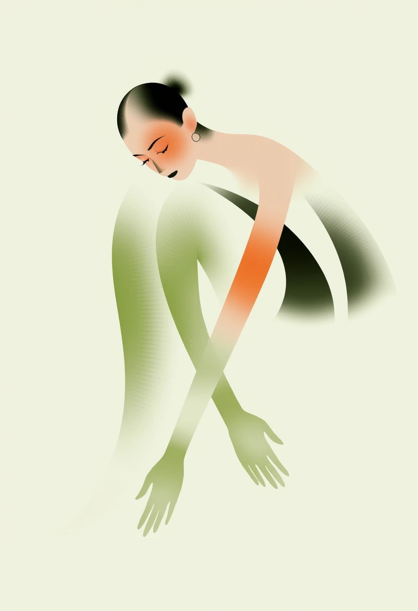 CEA, An abstract and elegant artwork depicting a stylized woman leaning forward gracefully. The figure features elongated,flowing arms resembling water currents,surrounded by soft,curving shapes. The color palette blends pale green,warm orange,and black,evoking a sense of lightness and movement. The composition is minimalist with smooth gradients and organic lines,capturing a modern and artistic representation of fluidity and grace,