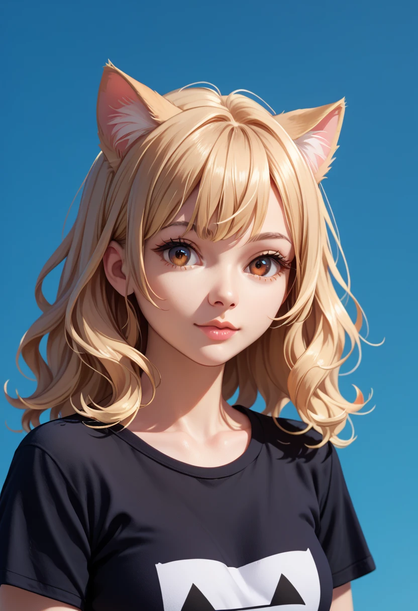 1girl, black t-shirt, light blonde hair, medium wavy hair, bangs, brown eyes, cat ears, no human ears portrait, masterpiece, best quality, super detail