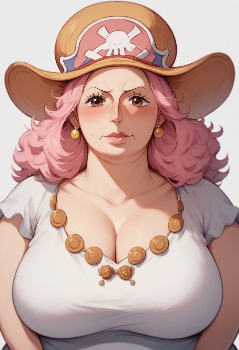 (ANIME ART STYLE) big mom (ONE PIECE), with long pink hair, fat, brown eyes, wearing hat, big mom clothes , blush face,