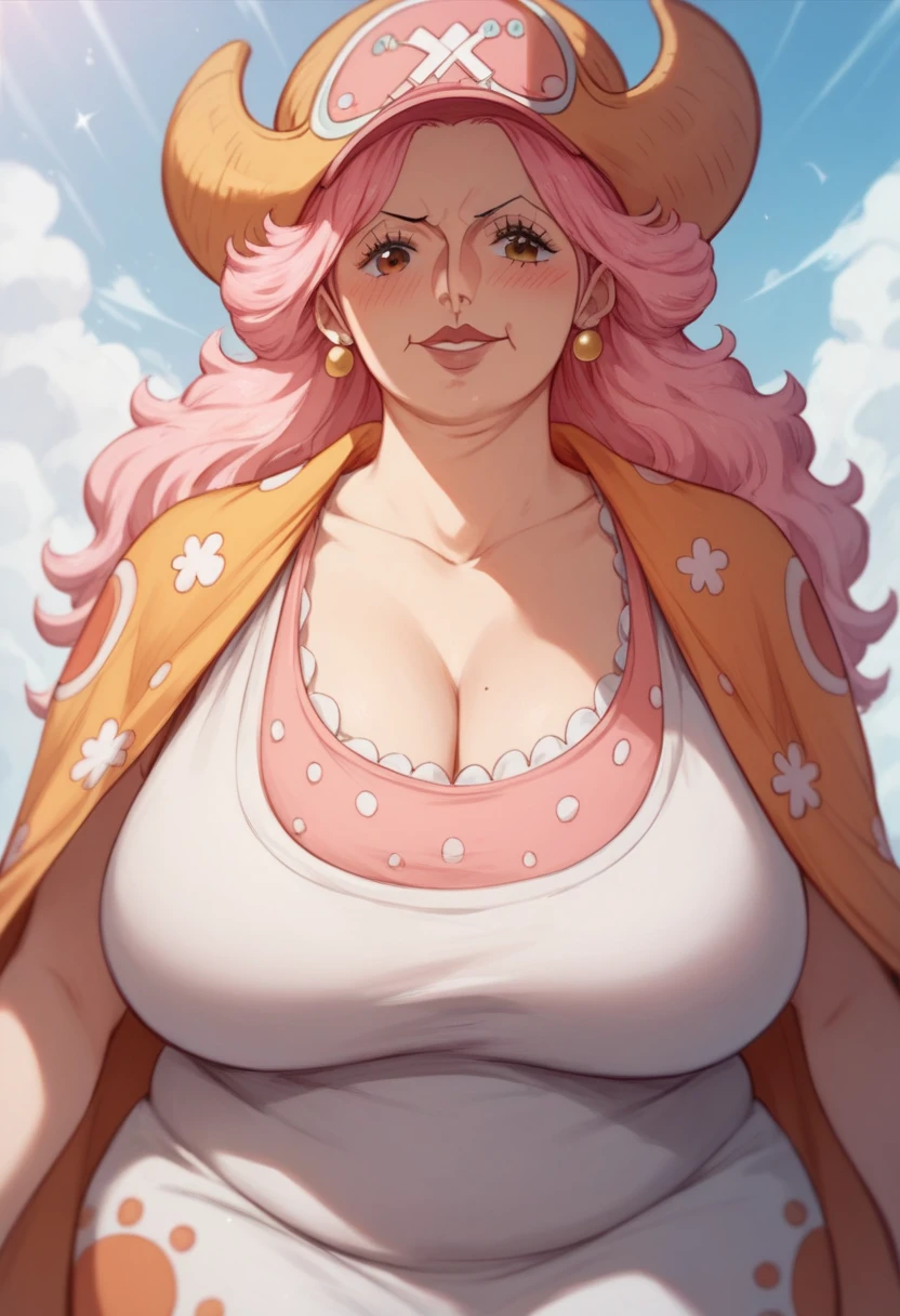 (ANIME ART STYLE) big mom (ONE PIECE), with long pink hair, fat, brown eyes, wearing hat, big mom clothes , blush face,